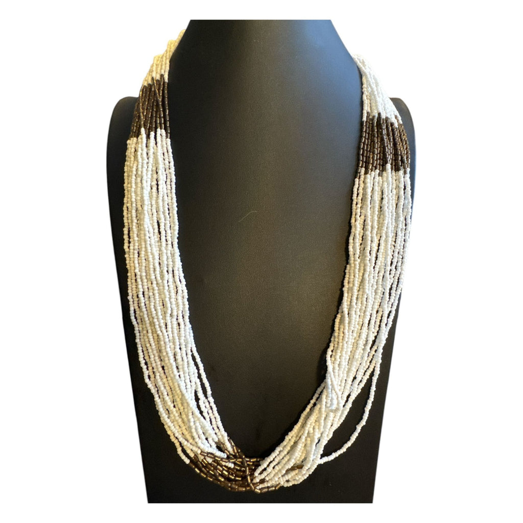 Multistrand White & Brown Beaded Necklace - Statement Jewelry - Handmade Design
