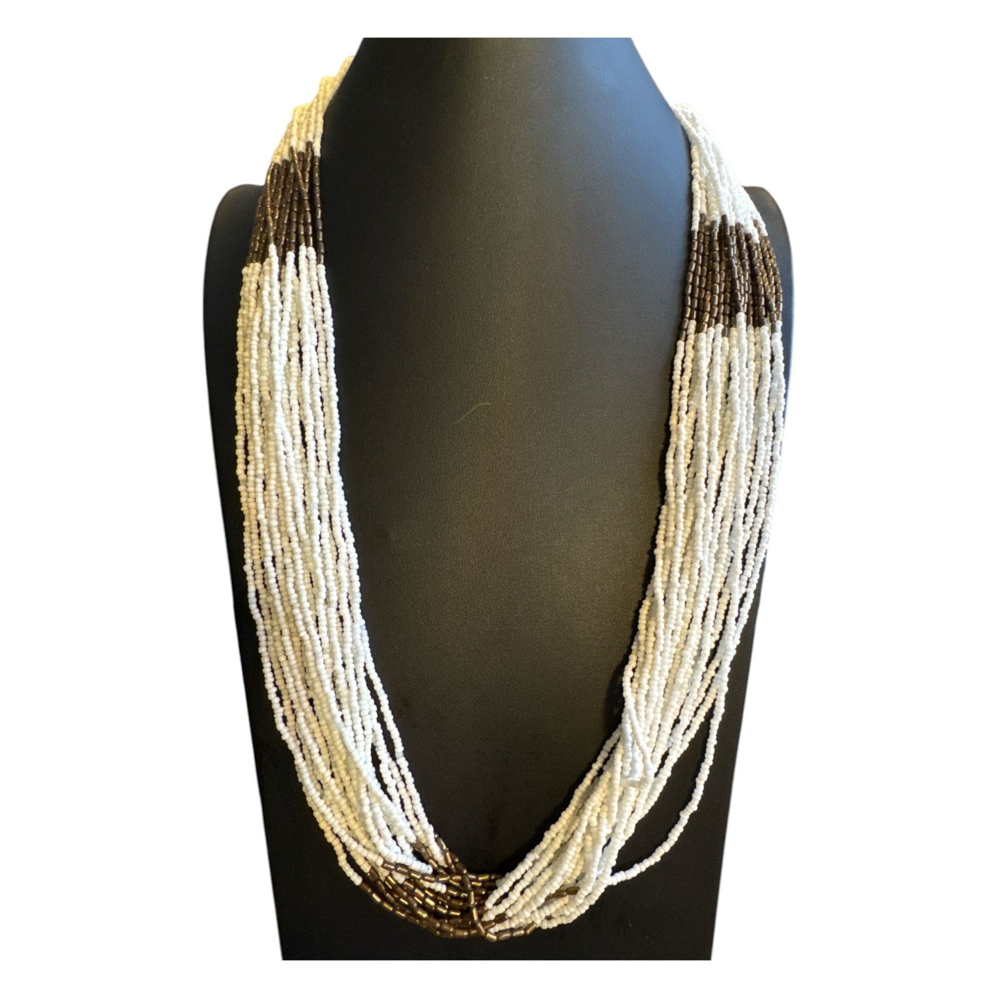 Multistrand White & Brown Beaded Necklace - Statement Jewelry - Handmade Design
