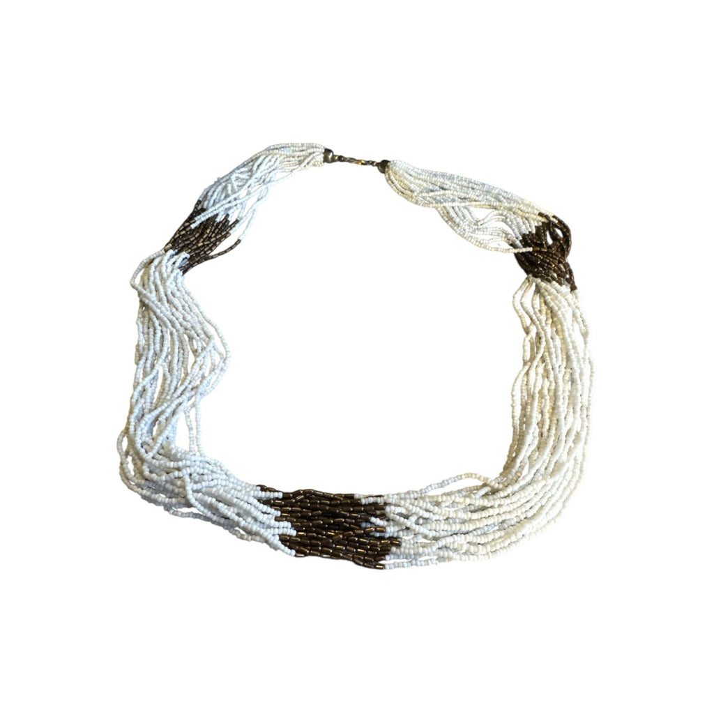 Multistrand White & Brown Beaded Necklace - Statement Jewelry - Handmade Design