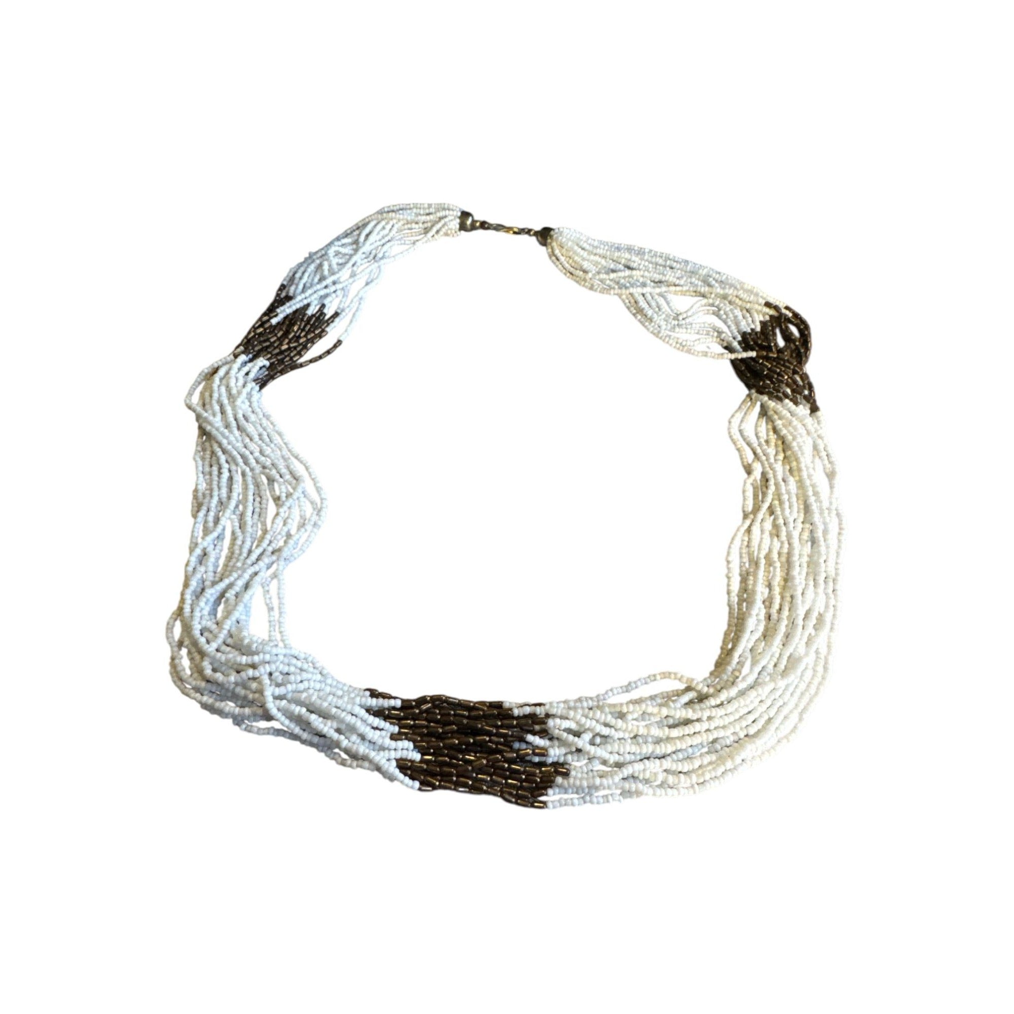 Multistrand White & Brown Beaded Necklace - Statement Jewelry - Handmade Design