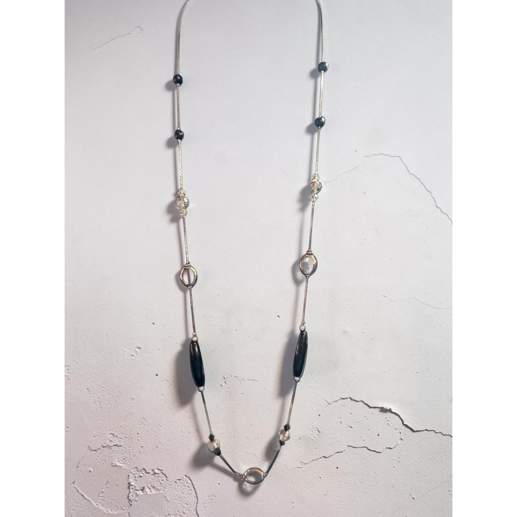 Silver & Black Beaded Long Necklace With Lobster Clasp Closure