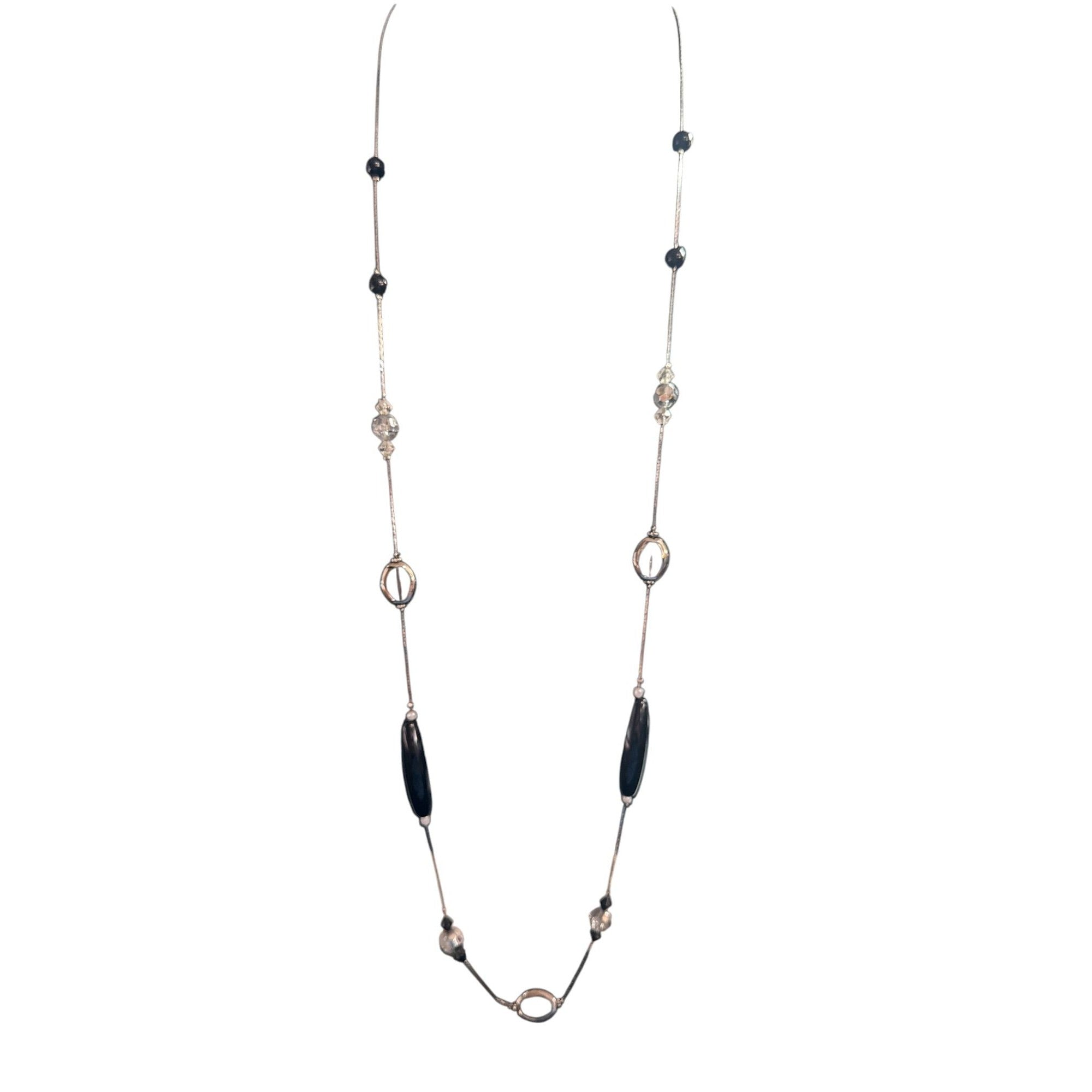 Silver & Black Beaded Long Necklace With Lobster Clasp Closure