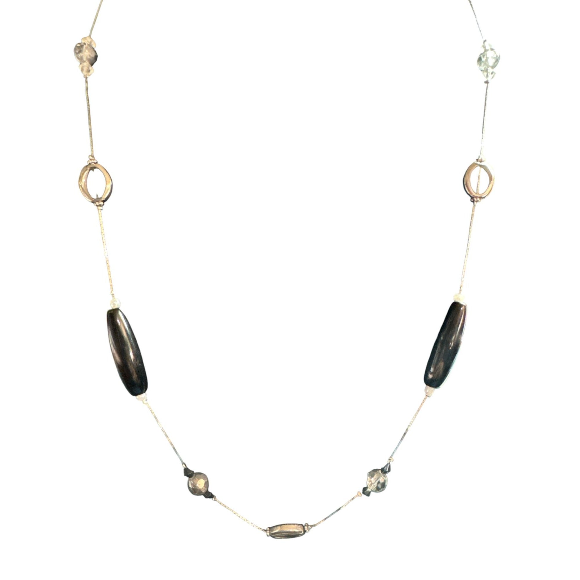 Silver & Black Beaded Long Necklace With Lobster Clasp Closure
