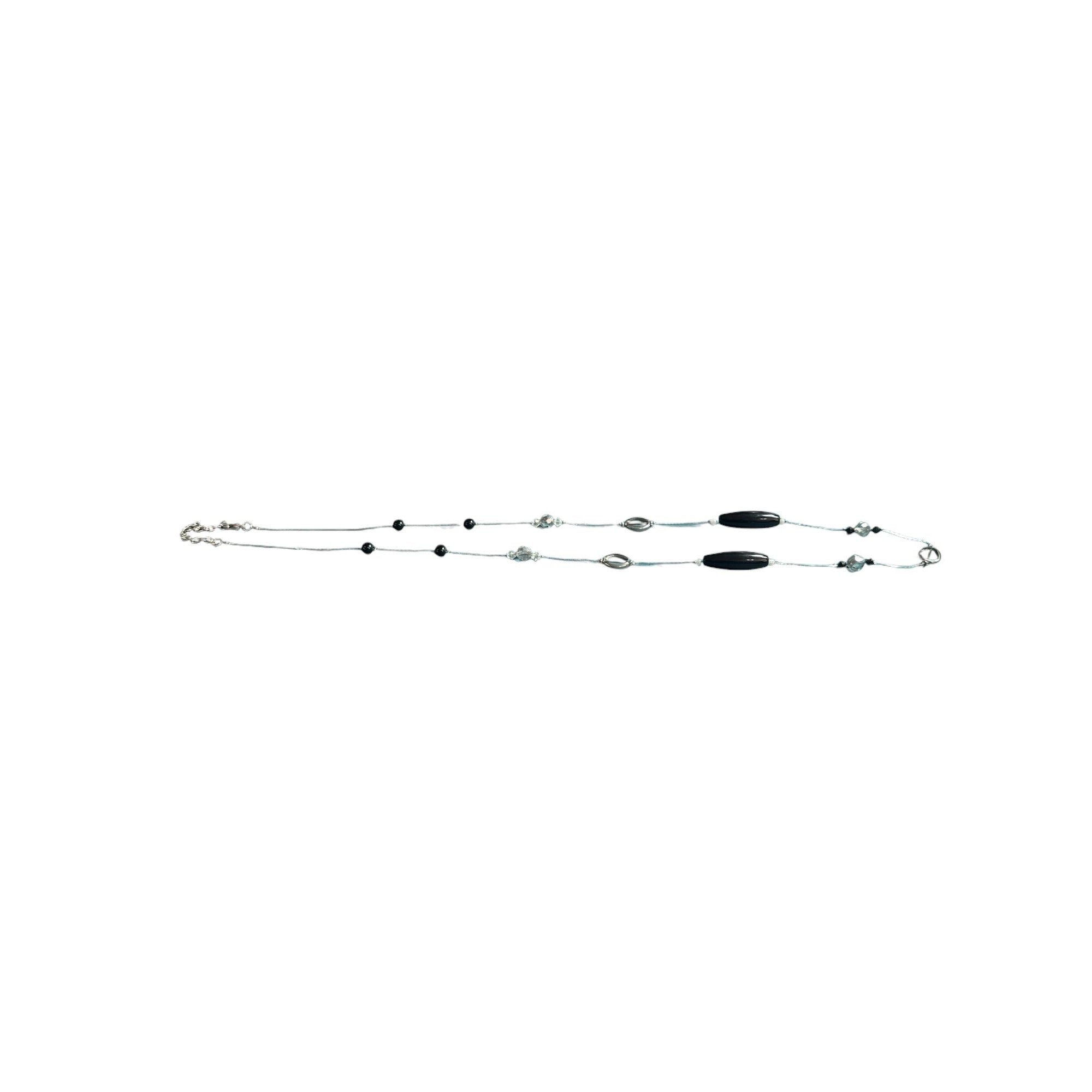 Silver & Black Beaded Long Necklace With Lobster Clasp Closure