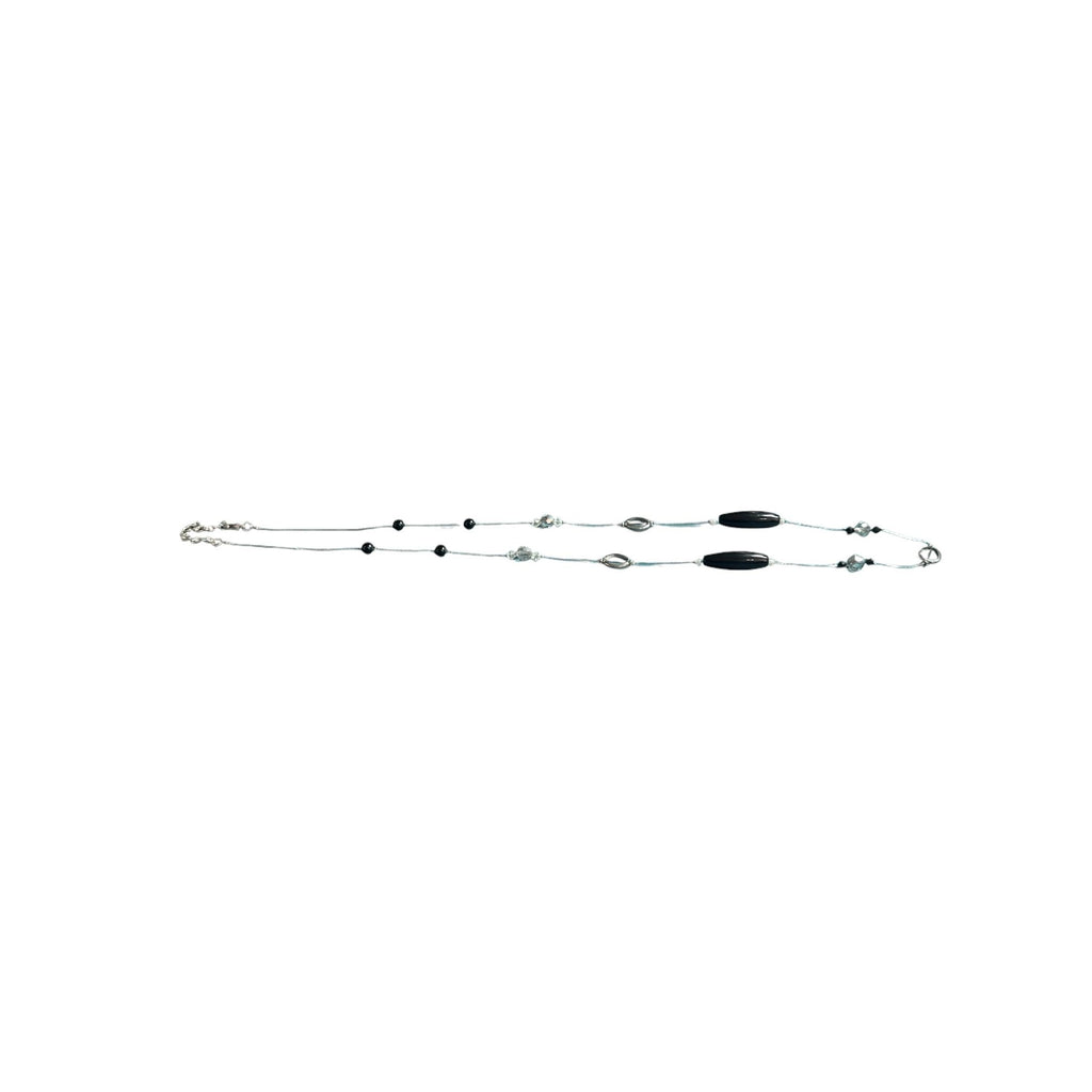 Silver & Black Beaded Long Necklace With Lobster Clasp Closure