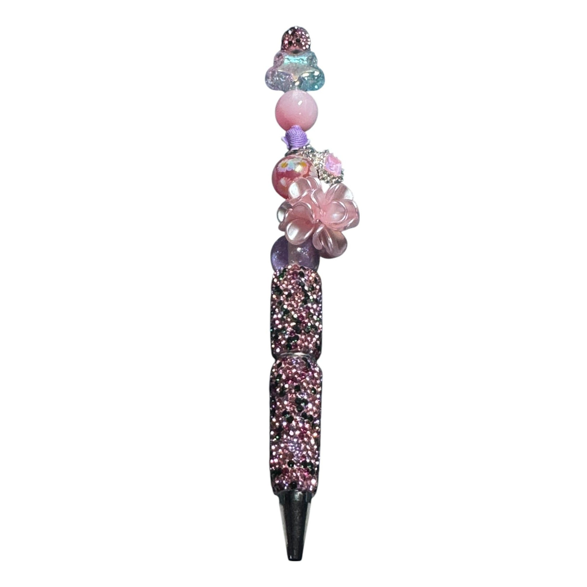Handcrafted Beaded Ballpoint Pen With Pink & Purple Accents Glitter Details And Floral Charms Ideal For Writing Or Gifting