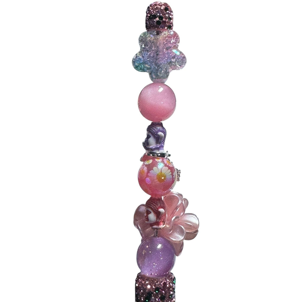 Handcrafted Beaded Ballpoint Pen With Pink & Purple Accents Glitter Details And Floral Charms Ideal For Writing Or Gifting