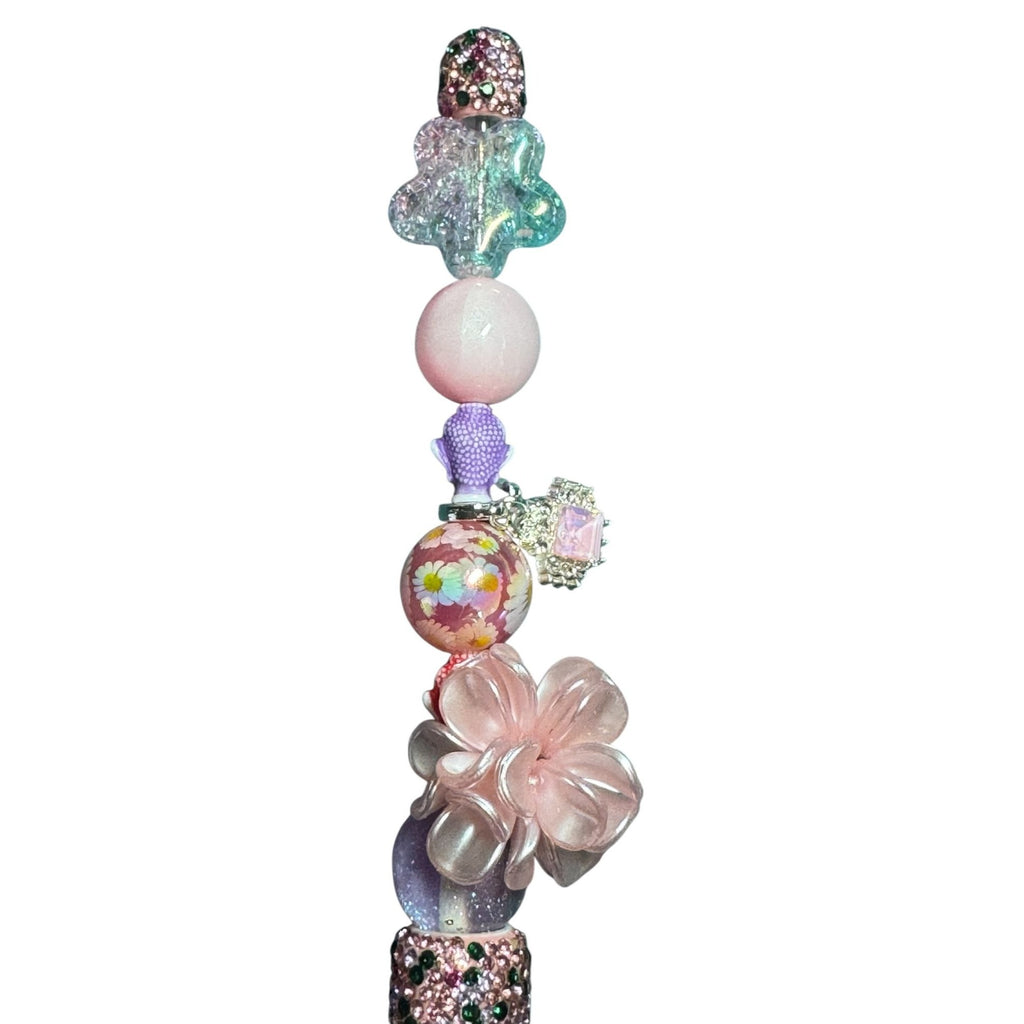 Handcrafted Beaded Ballpoint Pen With Pink & Purple Accents Glitter Details And Floral Charms Ideal For Writing Or Gifting