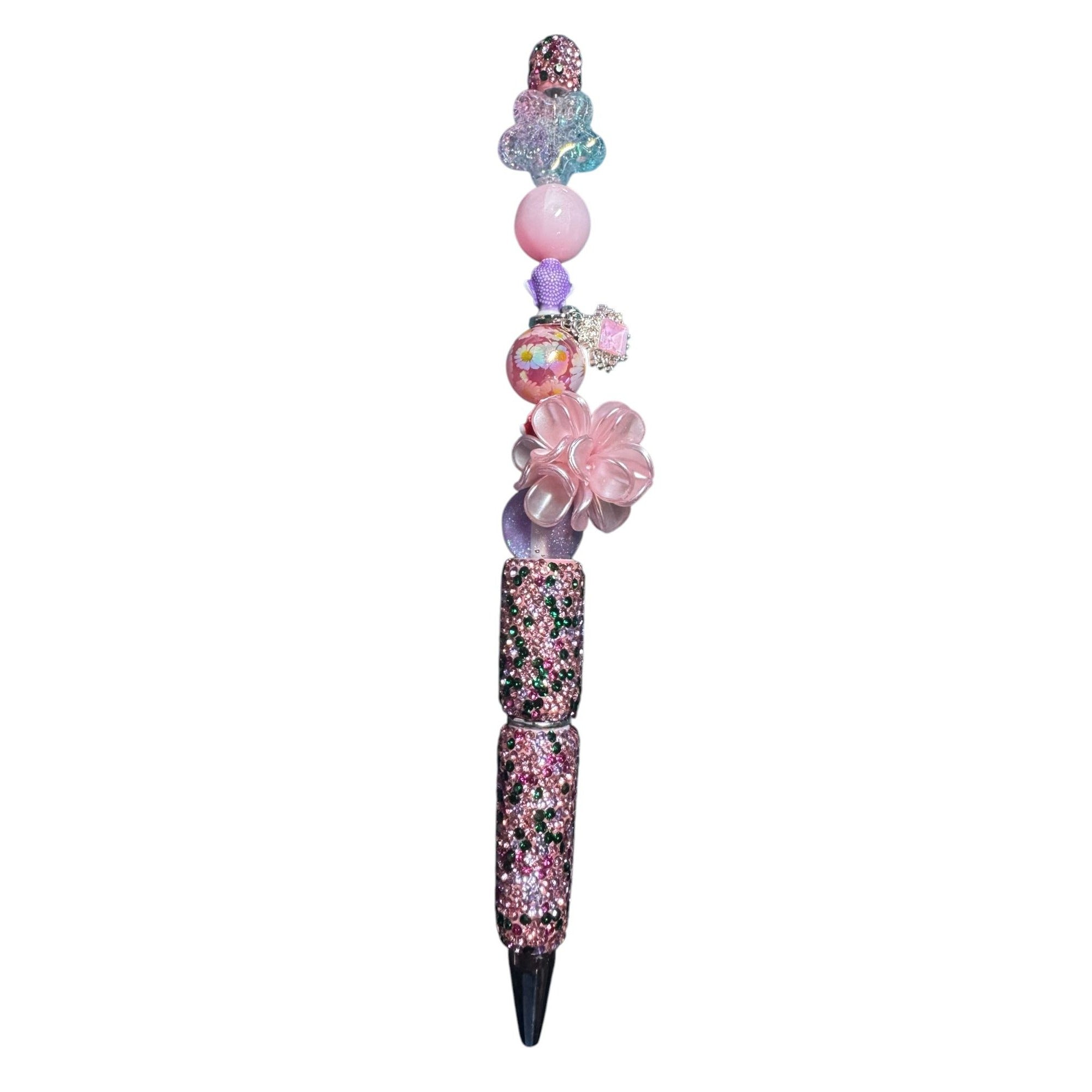 Handcrafted Beaded Ballpoint Pen With Pink & Purple Accents Glitter Details And Floral Charms Ideal For Writing Or Gifting