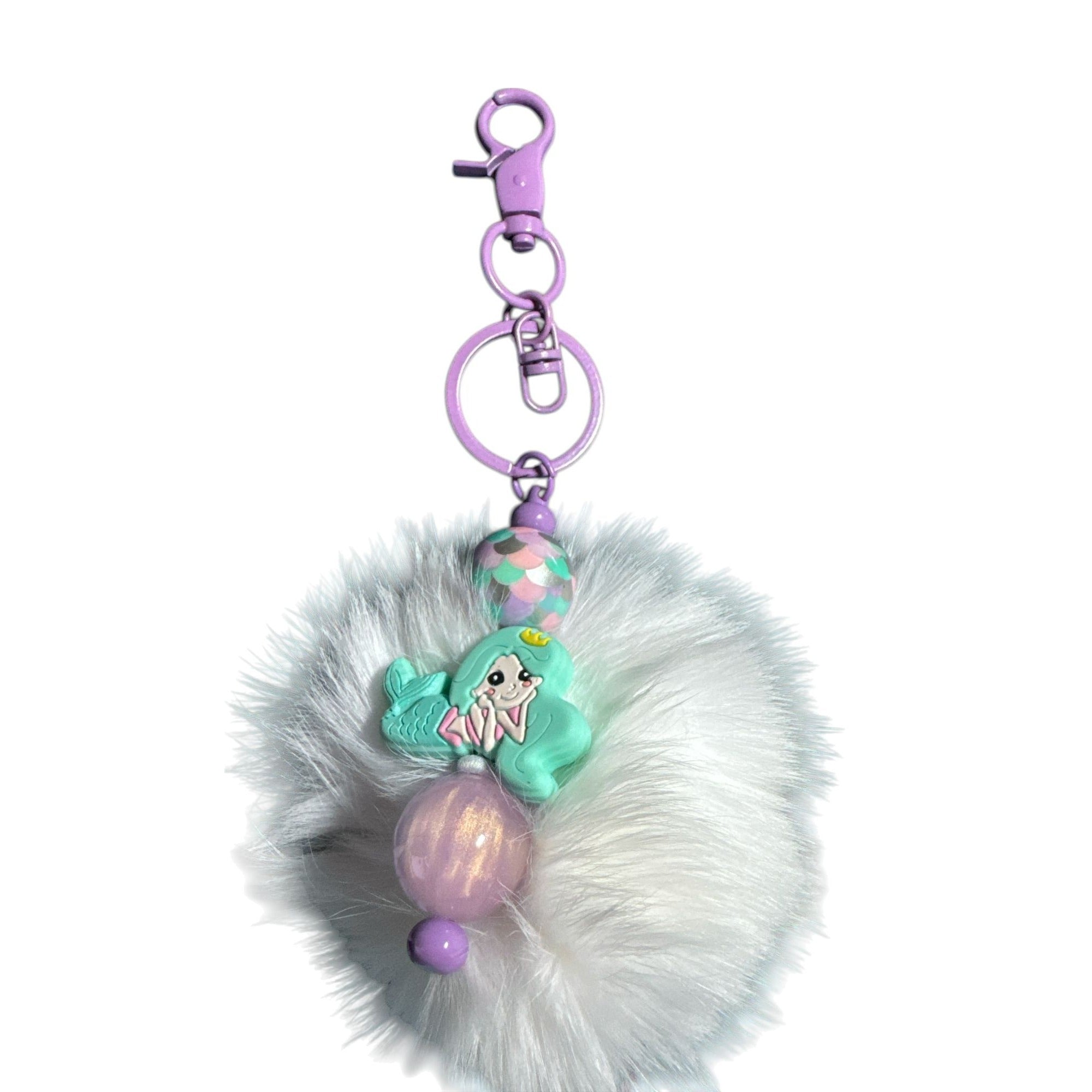 Mermaid-Themed Keychain/Lanyard With White Faux Fur Puff & Lilac Clip Charm