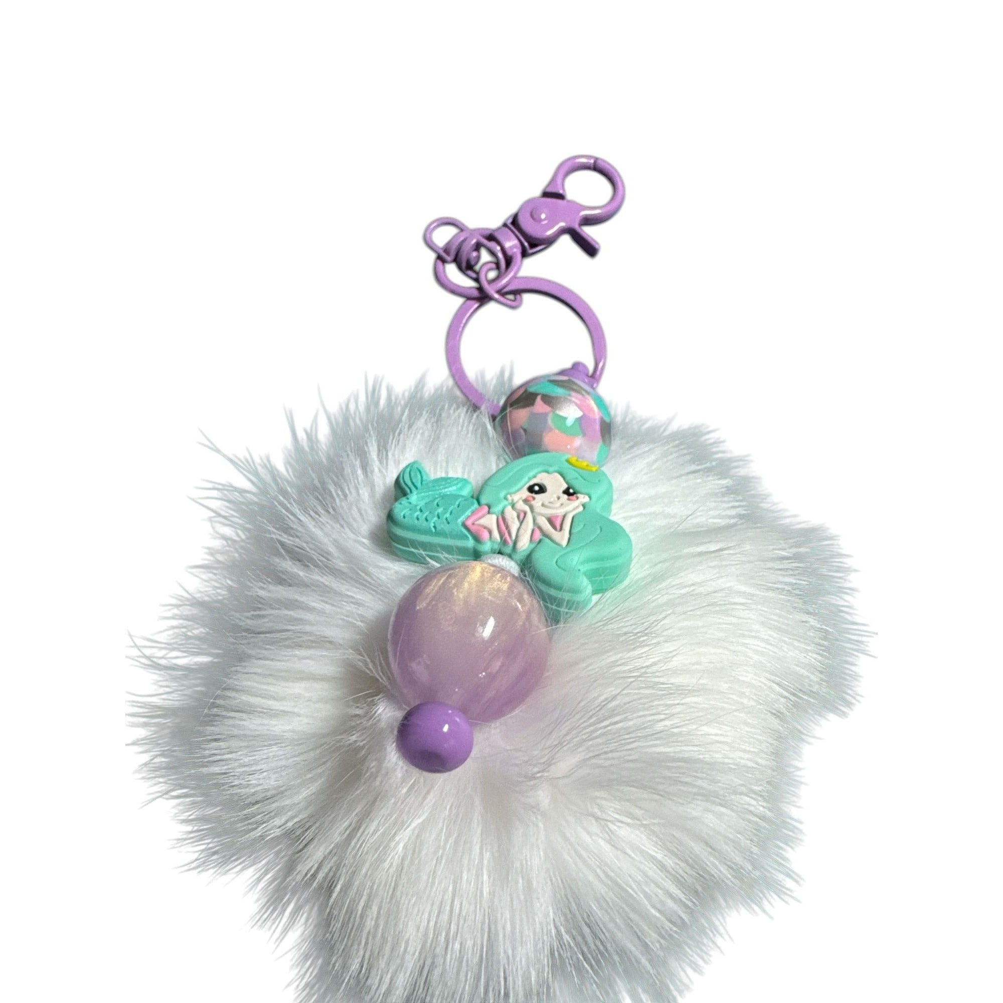 Mermaid-Themed Keychain/Lanyard With White Faux Fur Puff & Lilac Clip Charm