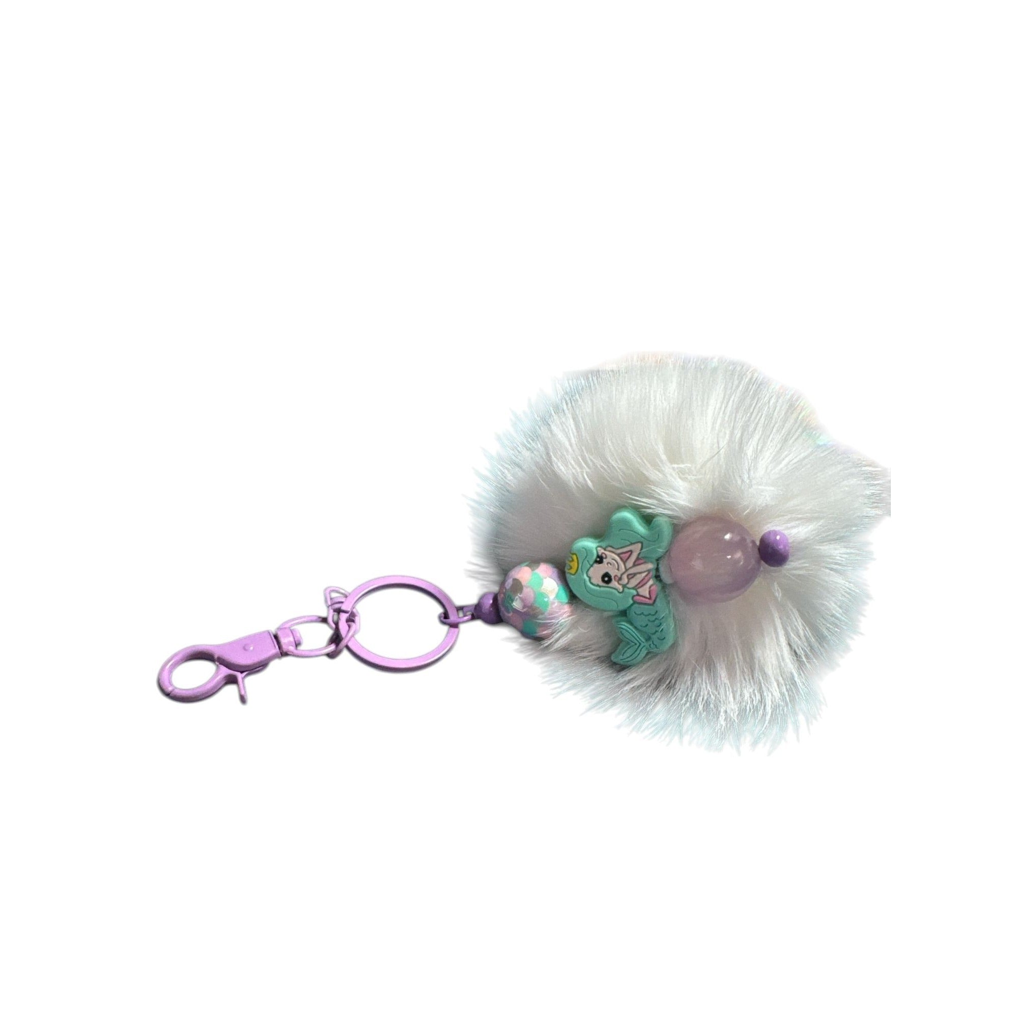 Mermaid-Themed Keychain/Lanyard With White Faux Fur Puff & Lilac Clip Charm