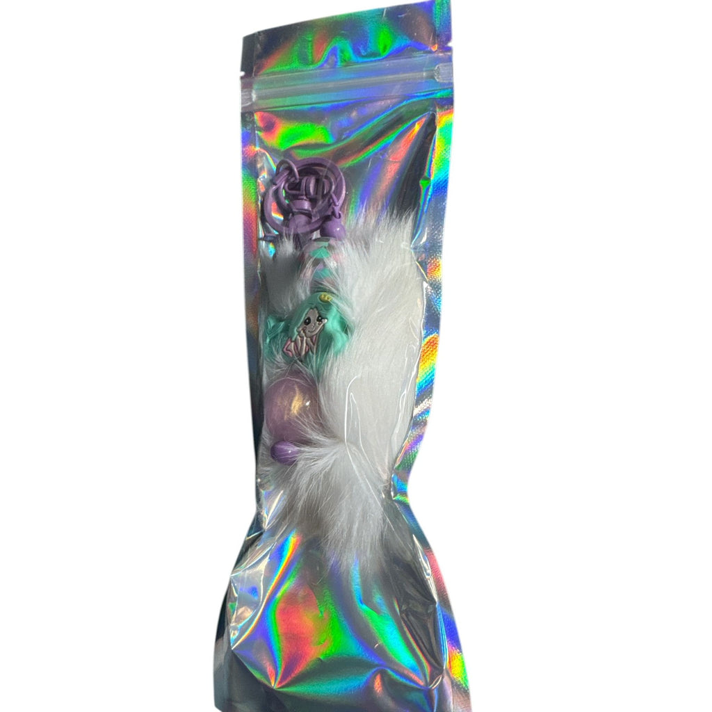 Mermaid-Themed Keychain/Lanyard With White Faux Fur Puff & Lilac Clip Charm
