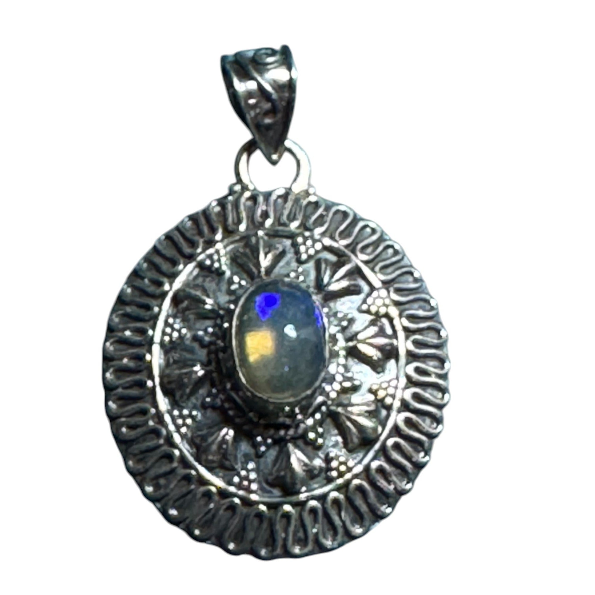 Handcrafted Sterling Silver Oval Pendant With Moonstone Gemstone Intricate Floral Design 1.5 Inches Long