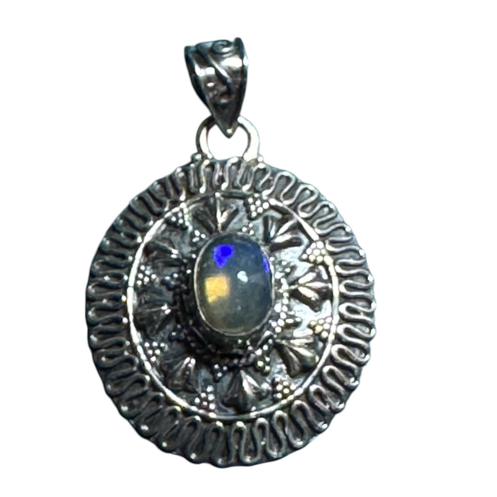Handcrafted Sterling Silver Oval Pendant With Moonstone Gemstone Intricate Floral Design 1.5 Inches Long