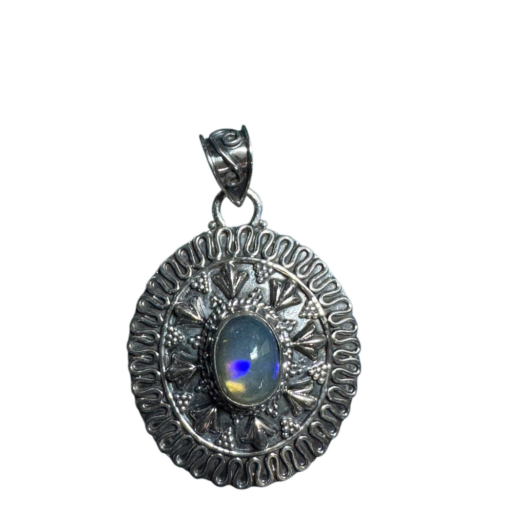 Handcrafted Sterling Silver Oval Pendant With Moonstone Gemstone Intricate Floral Design 1.5 Inches Long