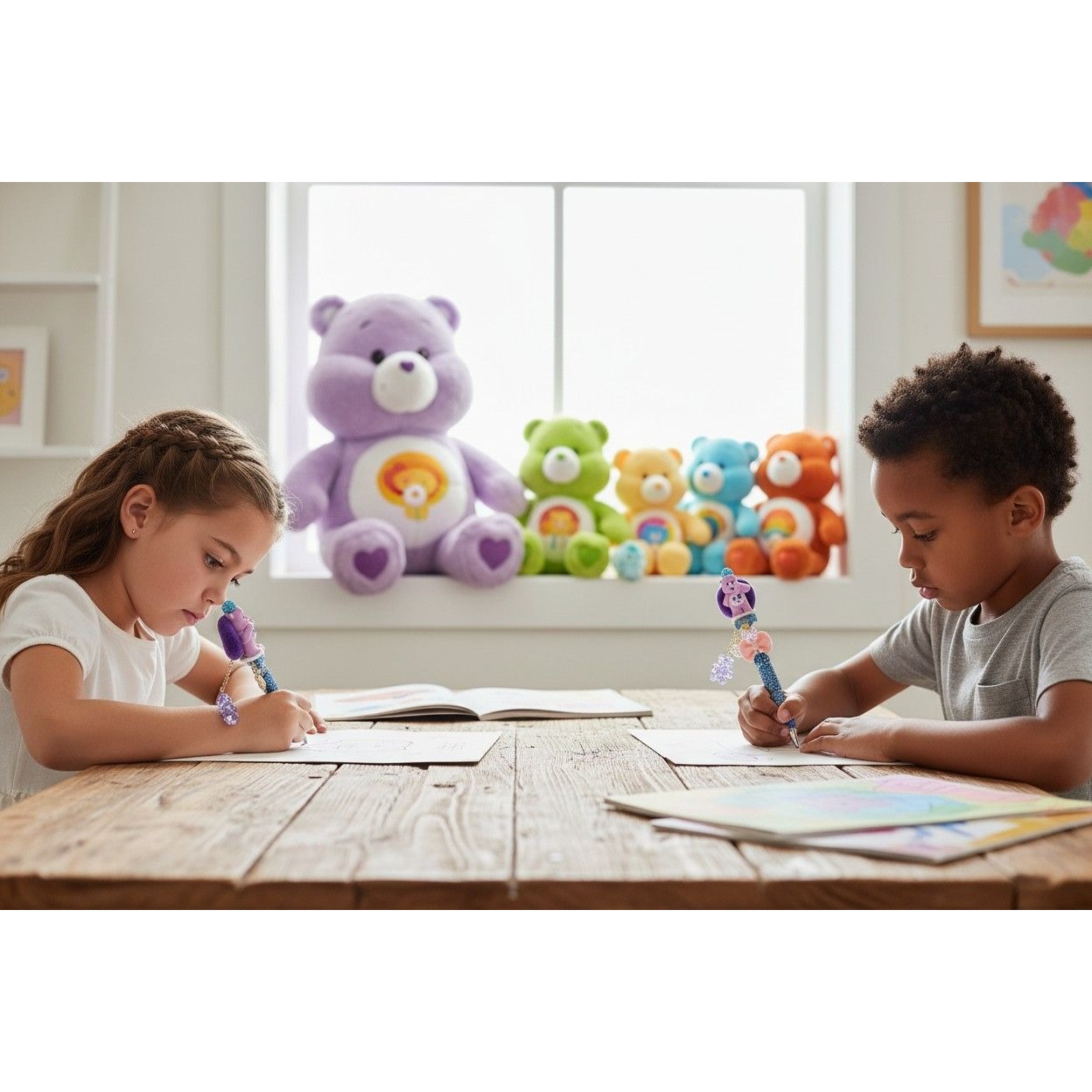 Care Bears-Themed Beaded Pen With Pink Bear Charm Purple Velvet Accents & Glittery Blue Grip