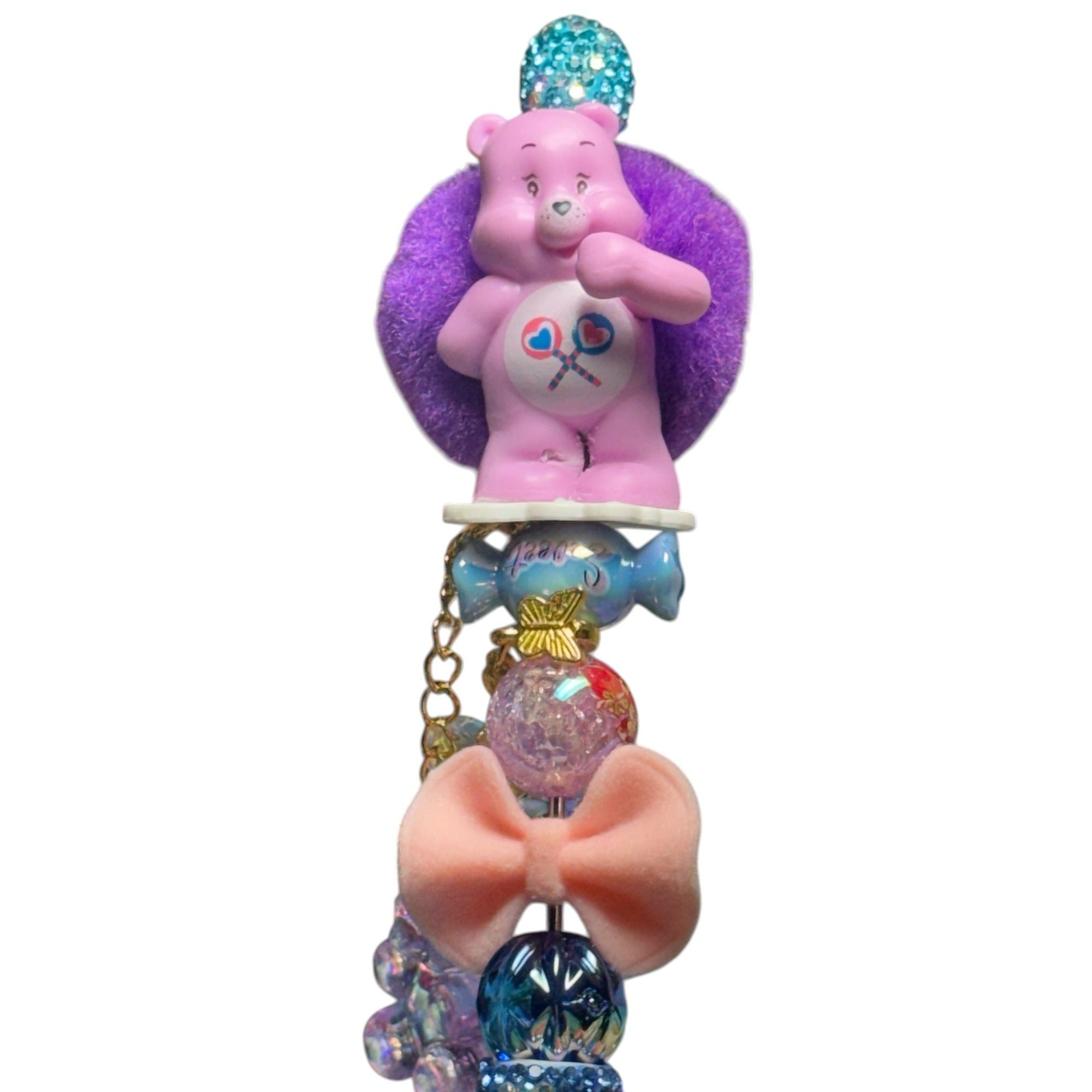 Care Bears-Themed Beaded Pen With Pink Bear Charm Purple Velvet Accents & Glittery Blue Grip