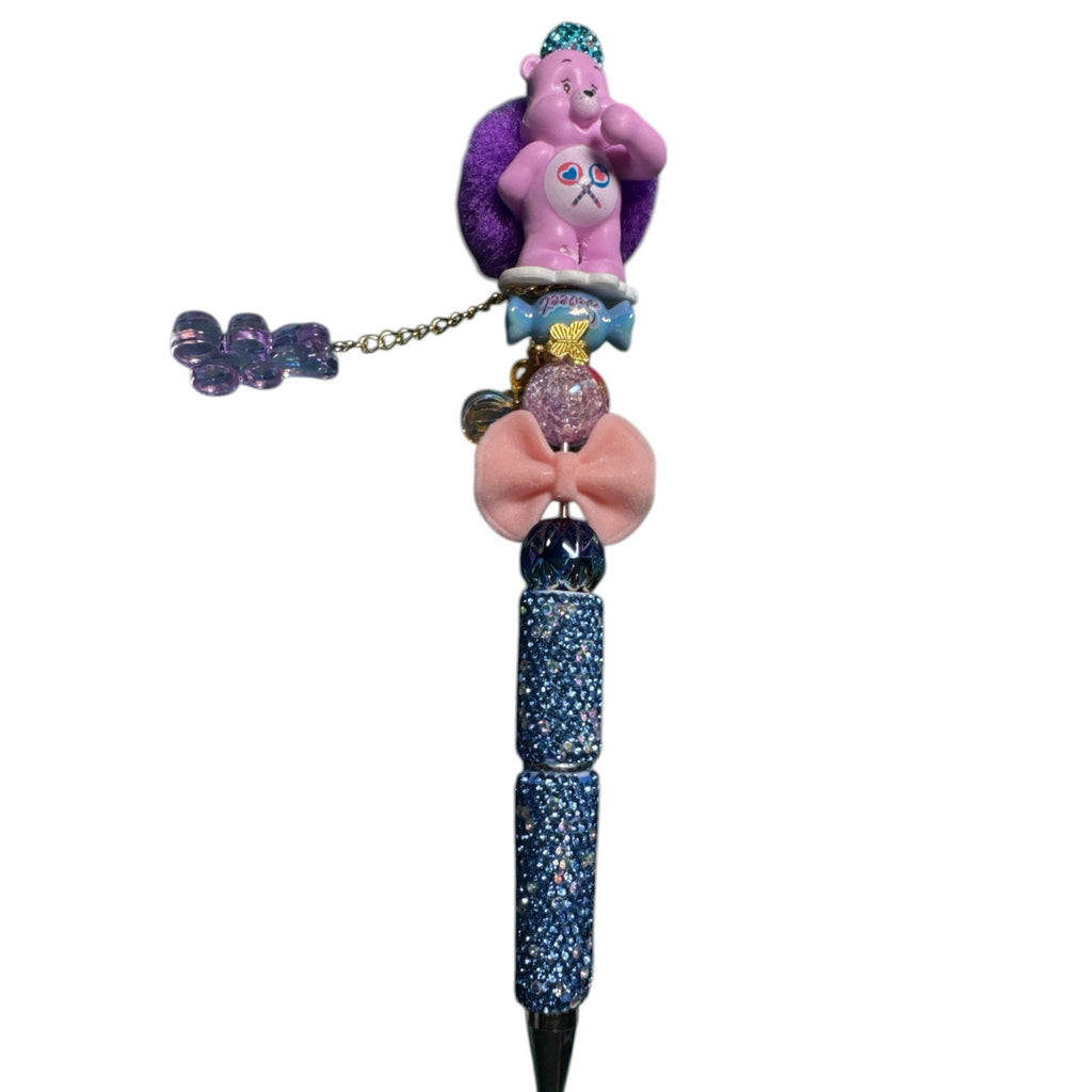 Care Bears-Themed Beaded Pen With Pink Bear Charm Purple Velvet Accents & Glittery Blue Grip