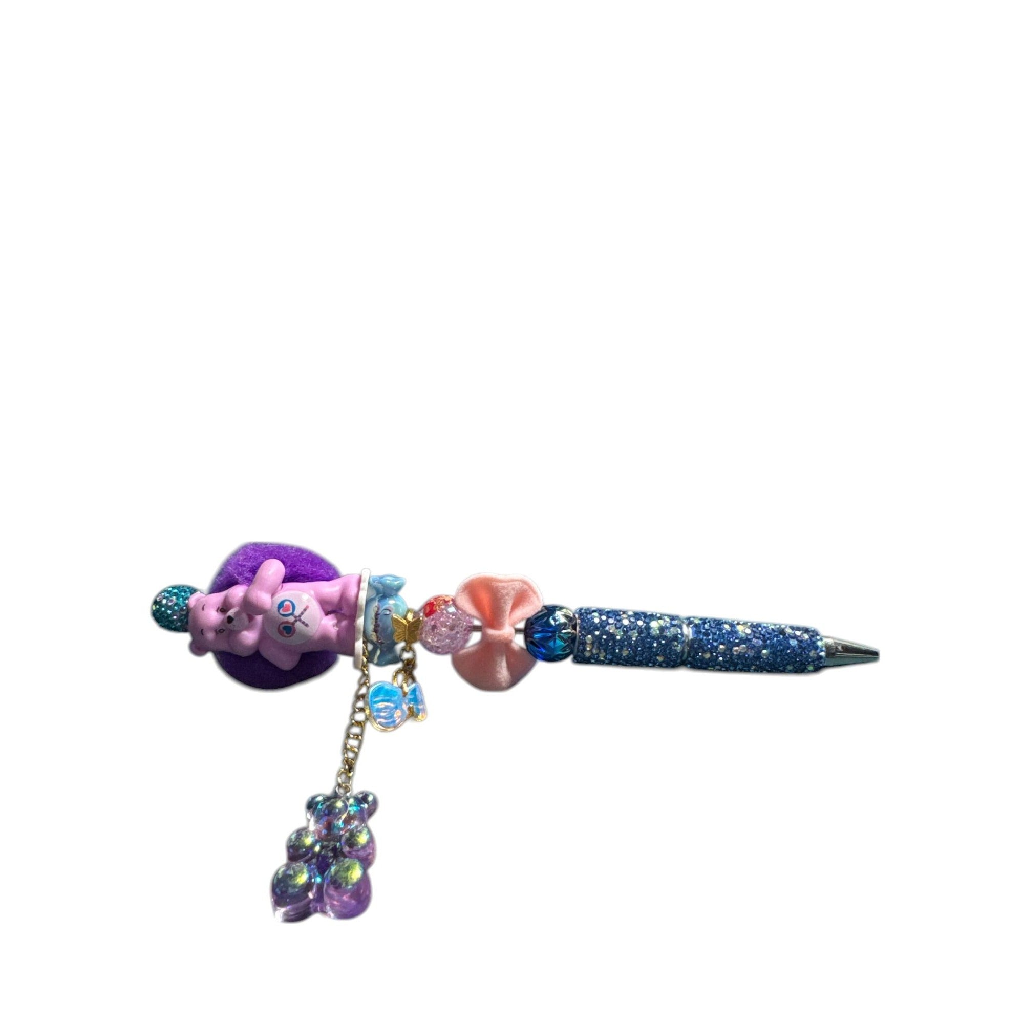 Care Bears-Themed Beaded Pen With Pink Bear Charm Purple Velvet Accents & Glittery Blue Grip
