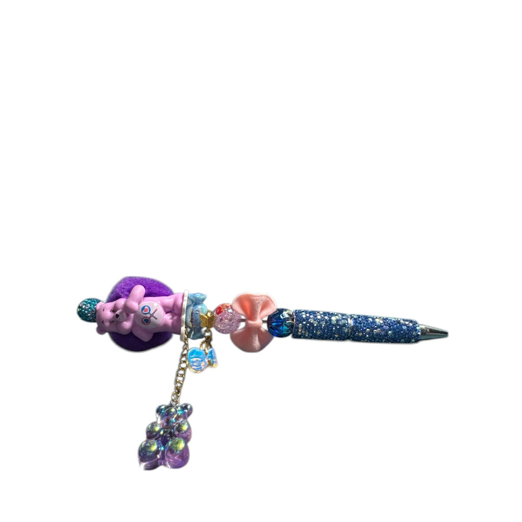 Care Bears-Themed Beaded Pen With Pink Bear Charm Purple Velvet Accents & Glittery Blue Grip