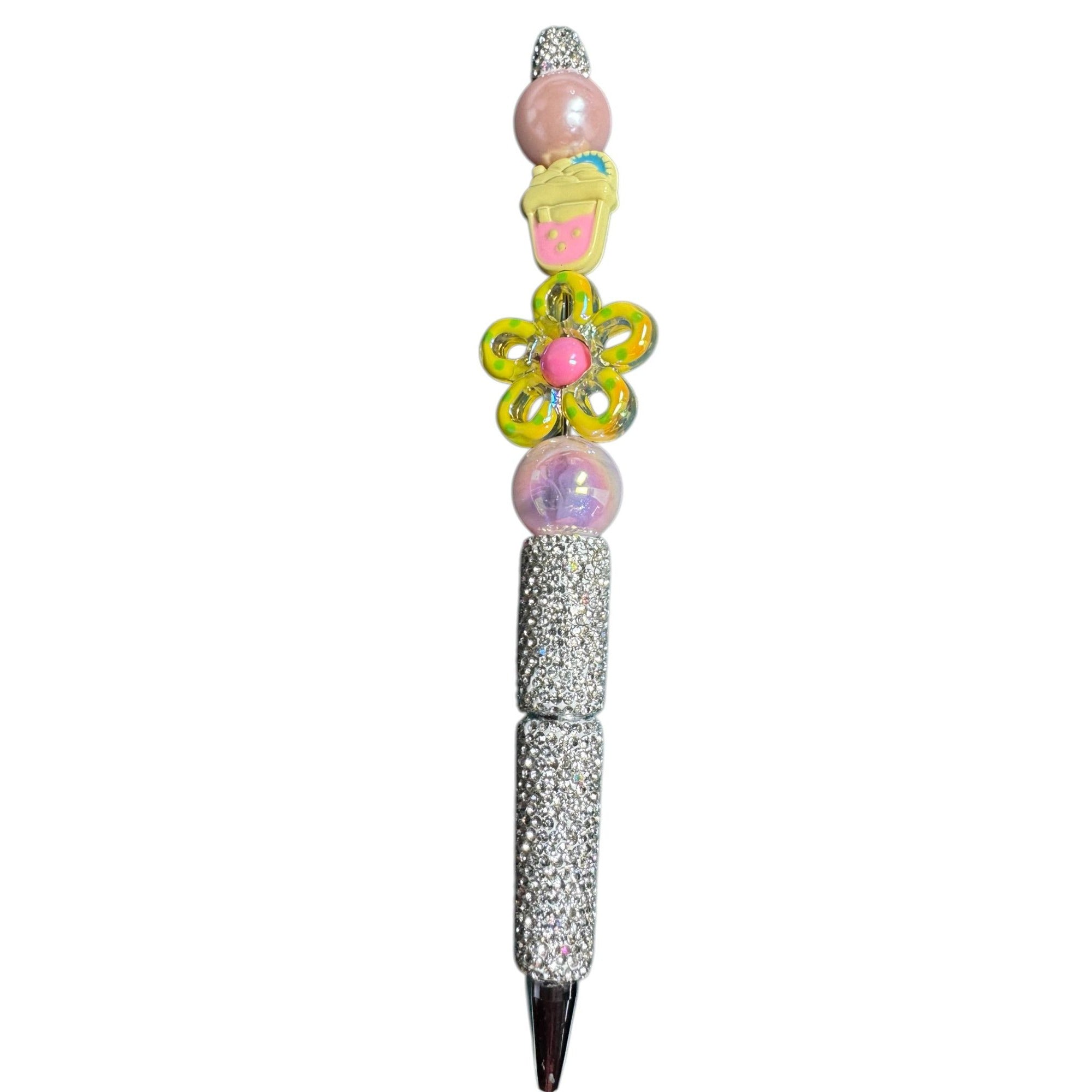 Beaded Decorative Pen With Rhinestone Handle & Floral Accents - Stylish Writing Tool For Journaling Or Office Use
