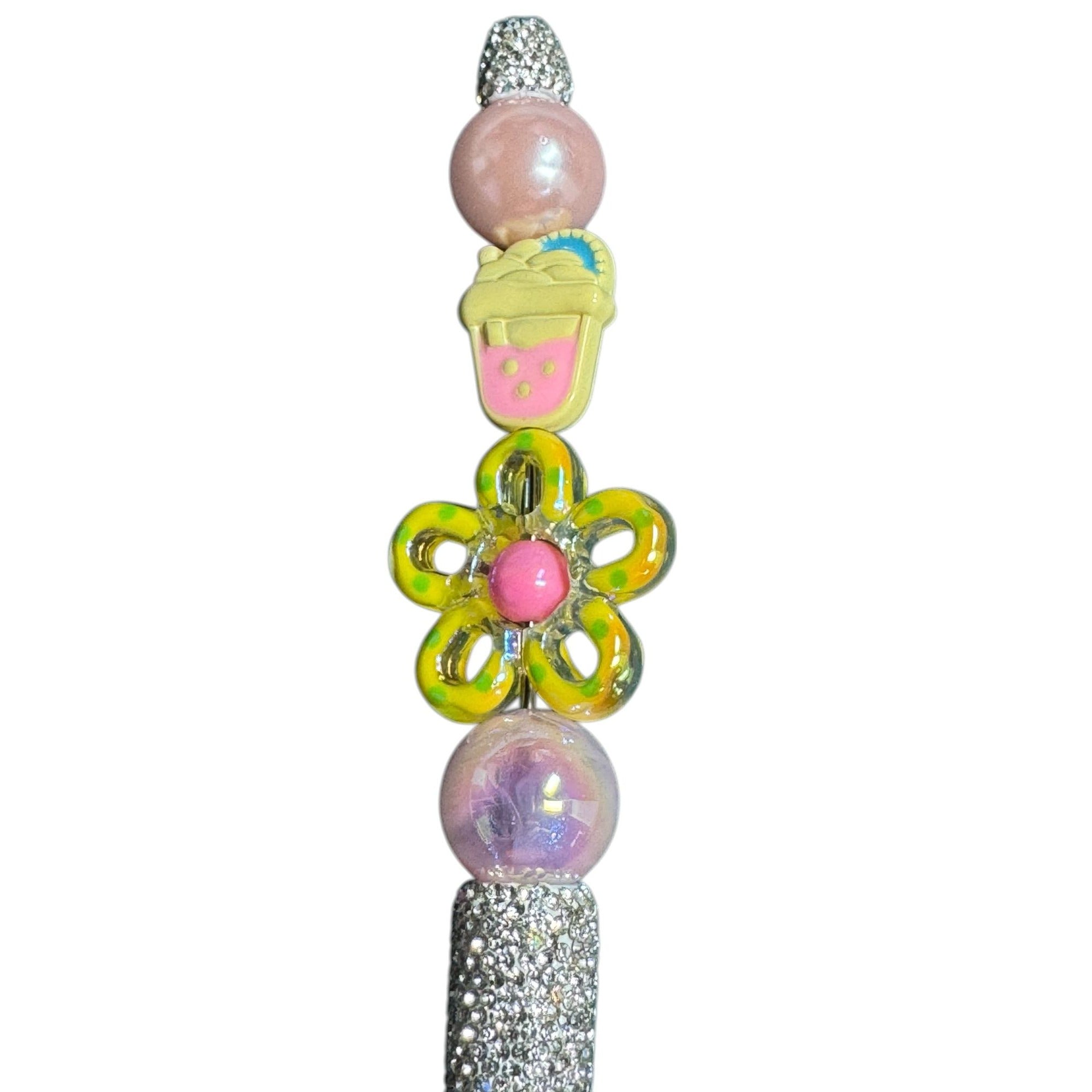 Beaded Decorative Pen With Rhinestone Handle & Floral Accents - Stylish Writing Tool For Journaling Or Office Use