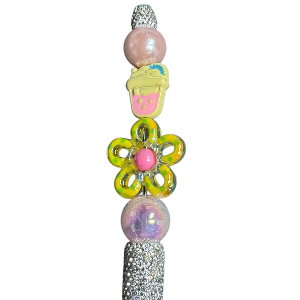 Beaded Decorative Pen With Rhinestone Handle & Floral Accents - Stylish Writing Tool For Journaling Or Office Use