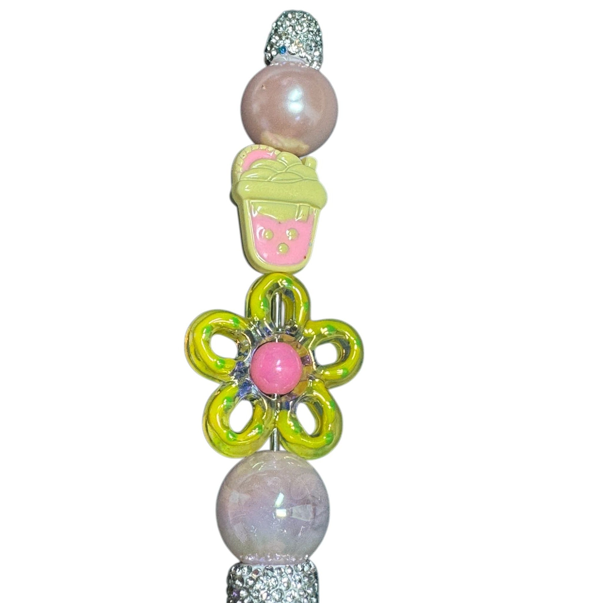 Beaded Decorative Pen With Rhinestone Handle & Floral Accents - Stylish Writing Tool For Journaling Or Office Use