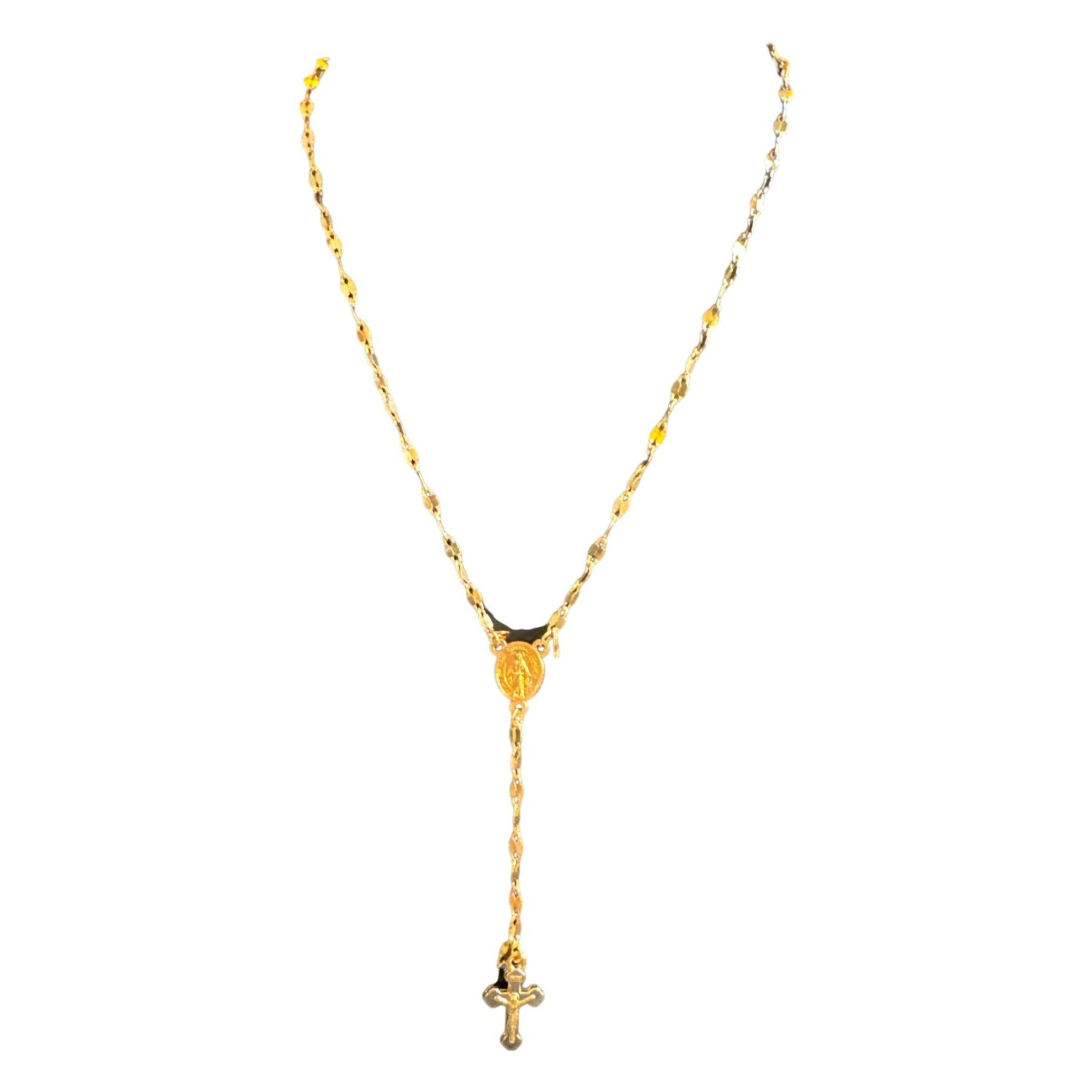 Gold-Plated Rosary Necklace With Cross Pendant And Virgin Mary Medal