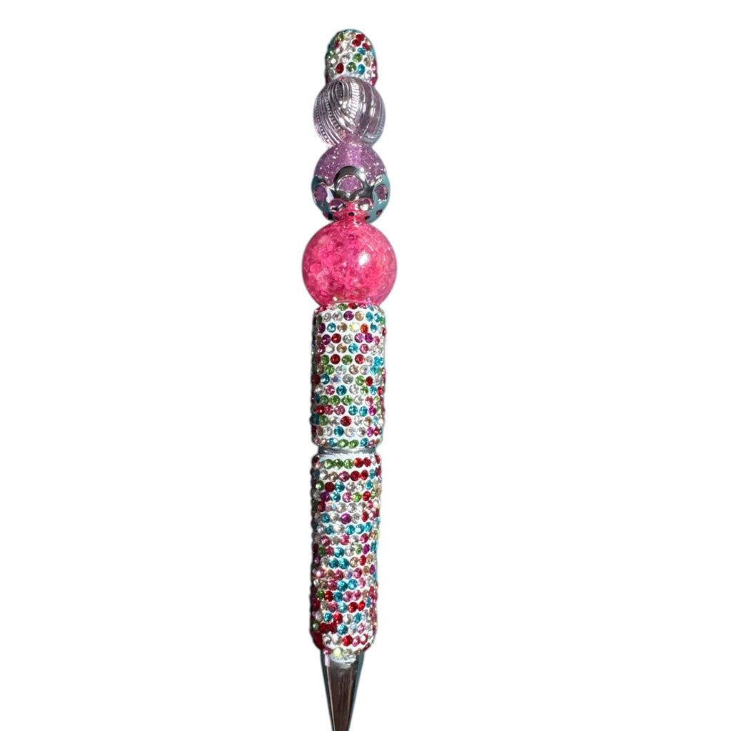 Handcrafted Multicolor Beaded Pen With Glitter Accents & Pink Details