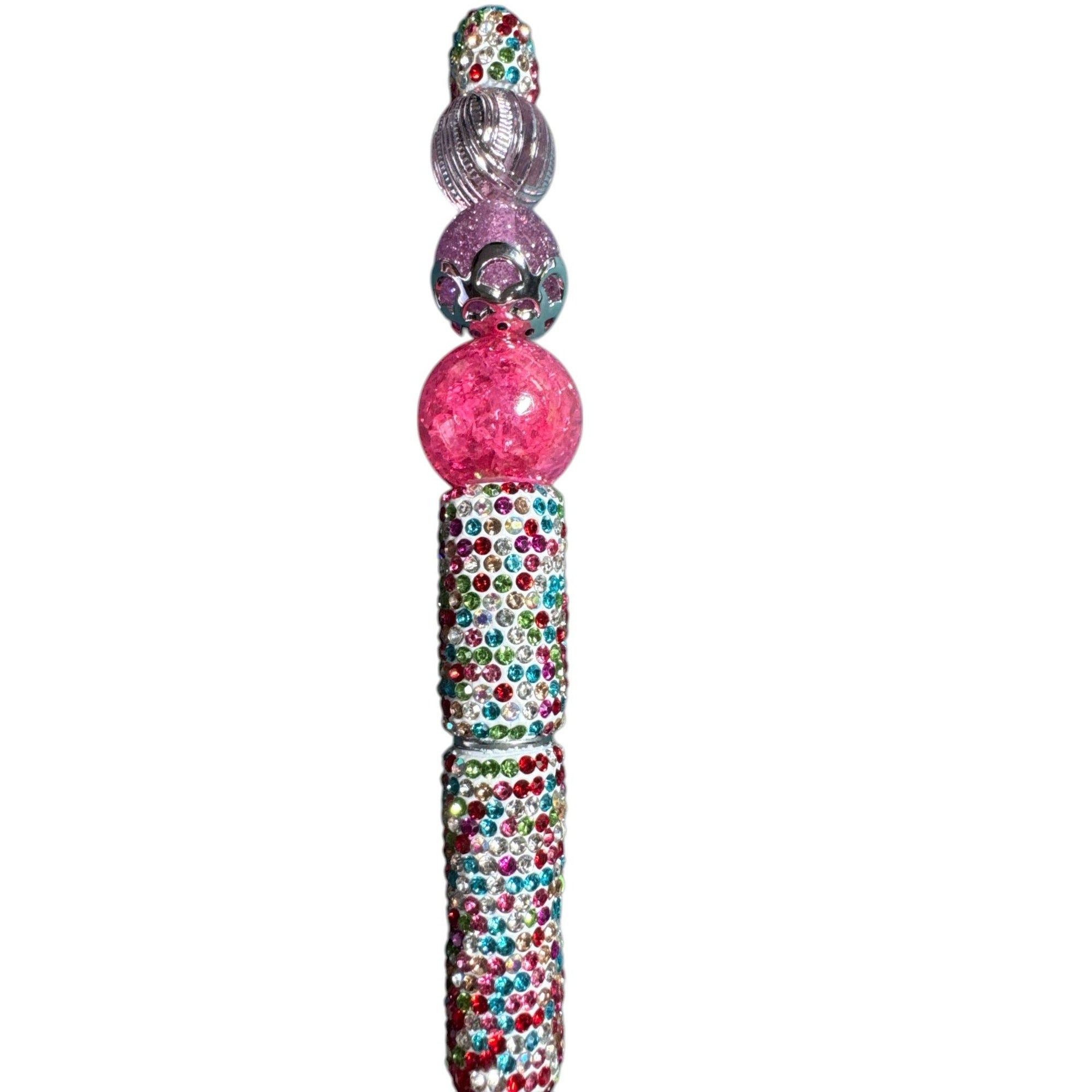 Handcrafted Multicolor Beaded Pen With Glitter Accents & Pink Details