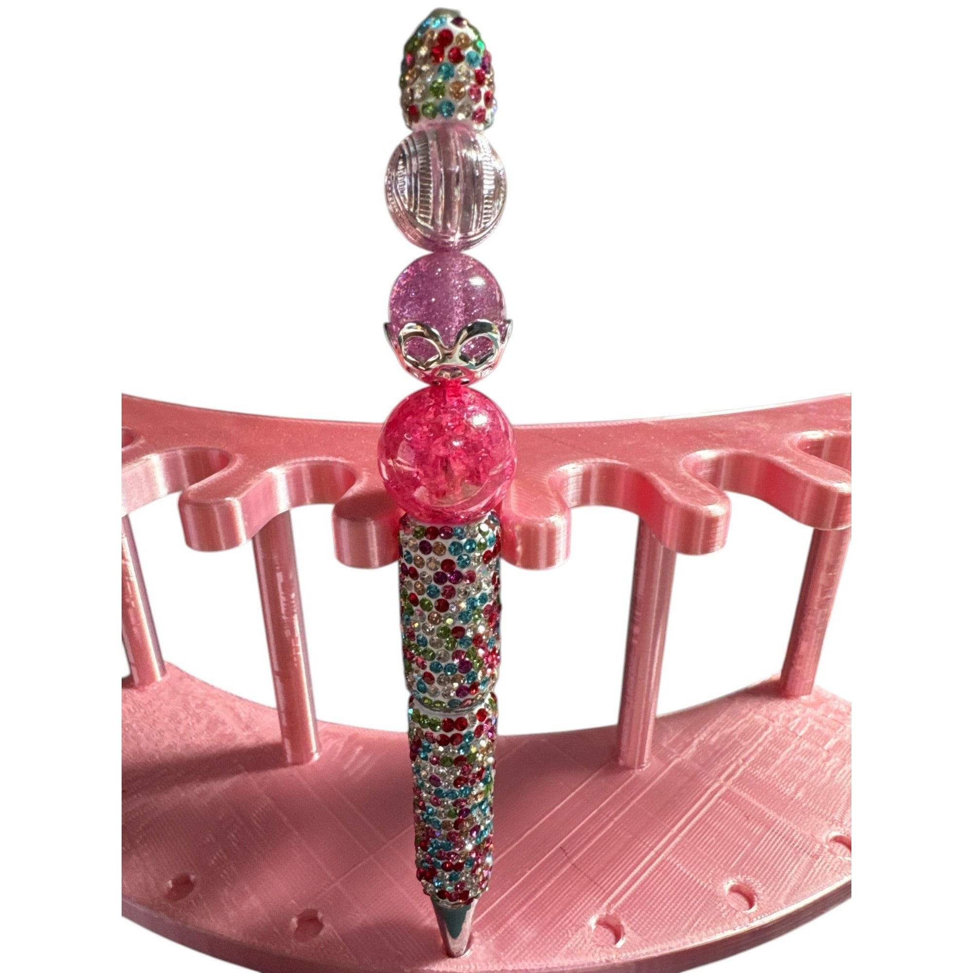 Handcrafted Multicolor Beaded Pen With Glitter Accents & Pink Details