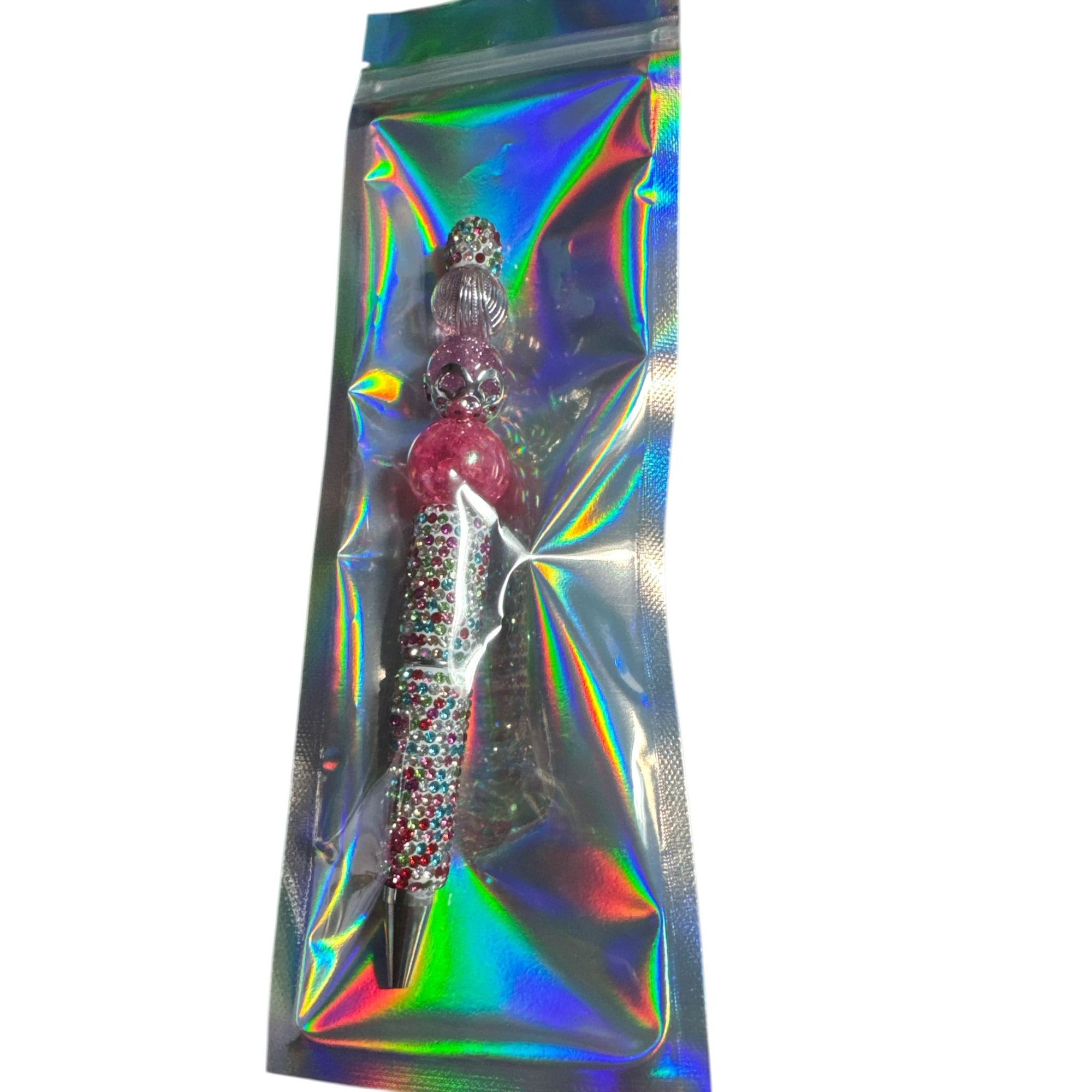 Handcrafted Multicolor Beaded Pen With Glitter Accents & Pink Details