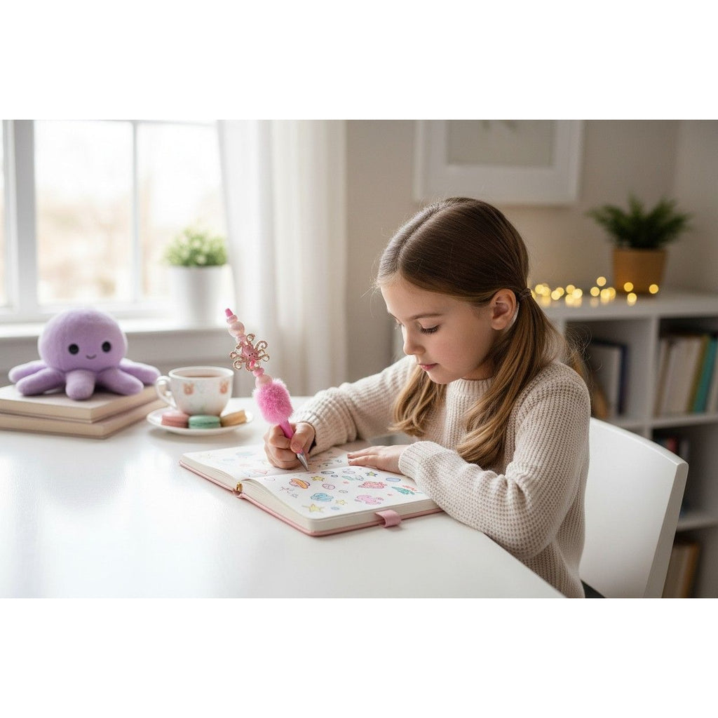 Pink Octopus Beaded Pen With Fluffy Accent & Pearl Details For Kids Or Crafts