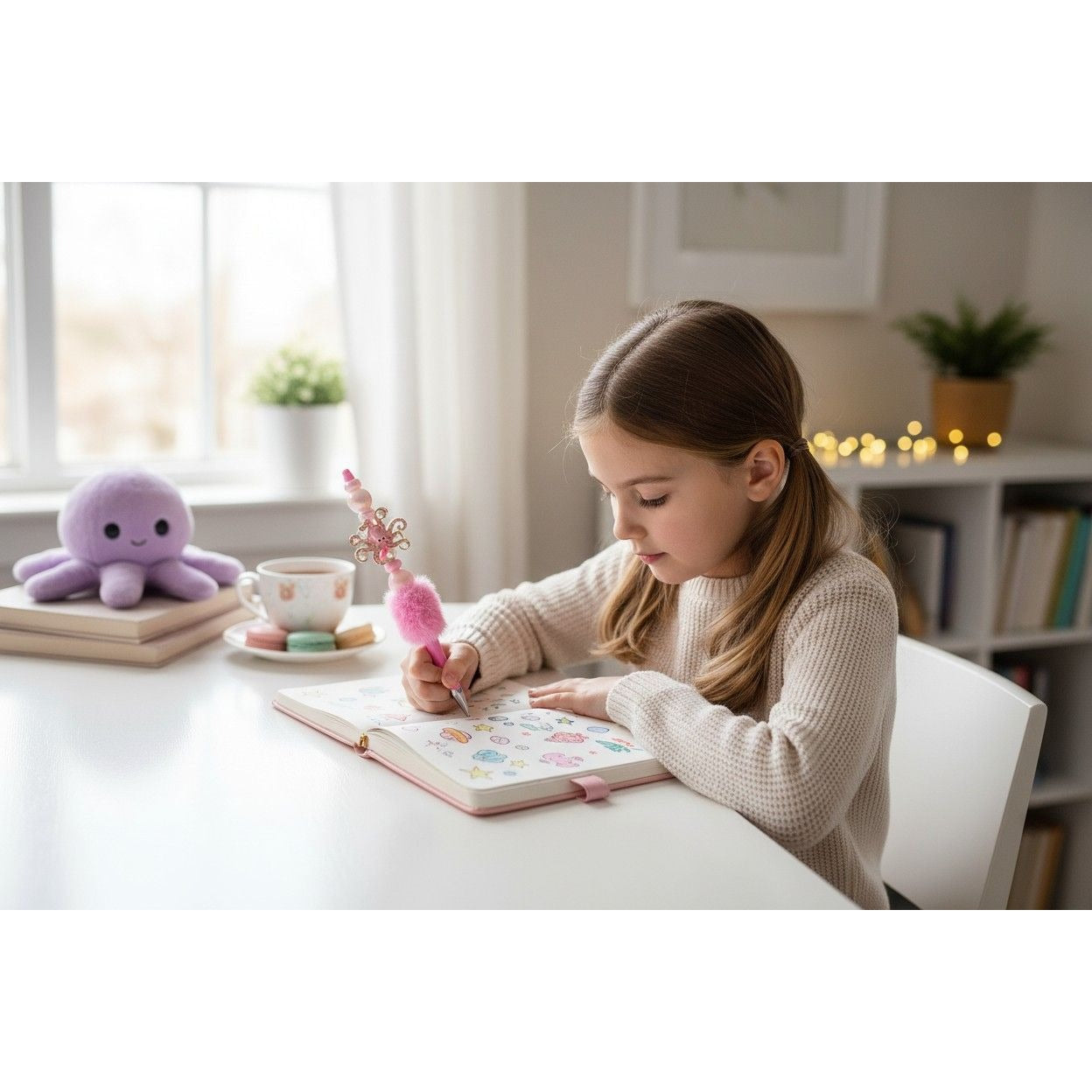 Pink Octopus Beaded Pen With Fluffy Accent & Pearl Details For Kids Or Crafts