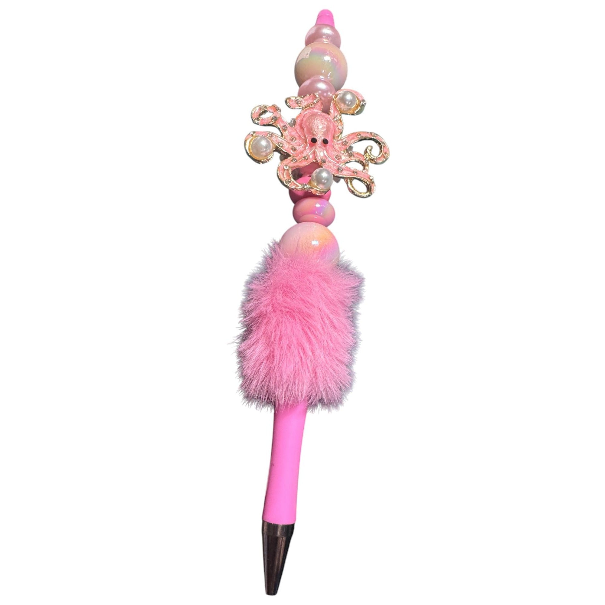 Pink Octopus Beaded Pen With Fluffy Accent & Pearl Details For Kids Or Crafts