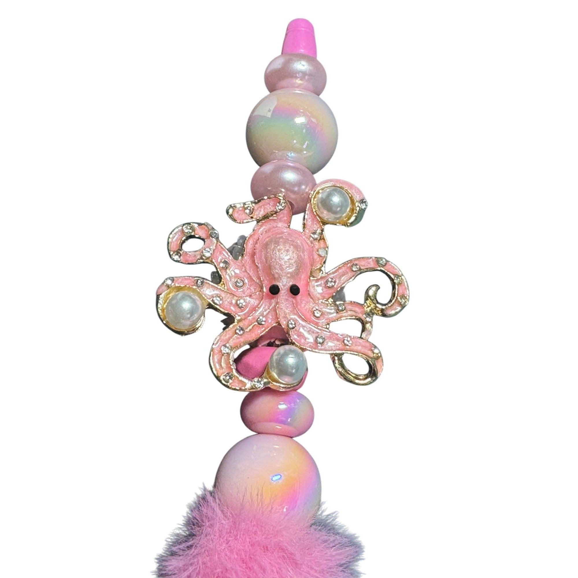 Pink Octopus Beaded Pen With Fluffy Accent & Pearl Details For Kids Or Crafts
