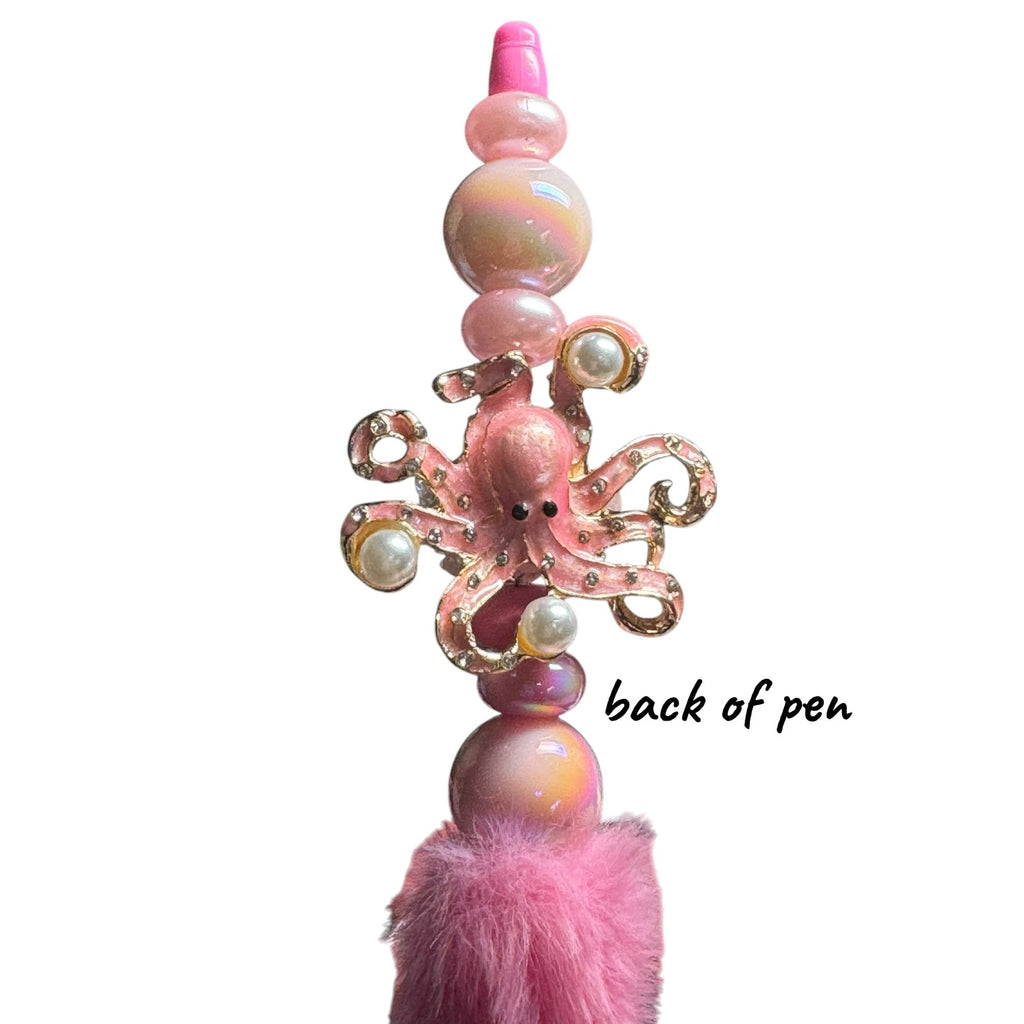 Pink Octopus Beaded Pen With Fluffy Accent & Pearl Details For Kids Or Crafts