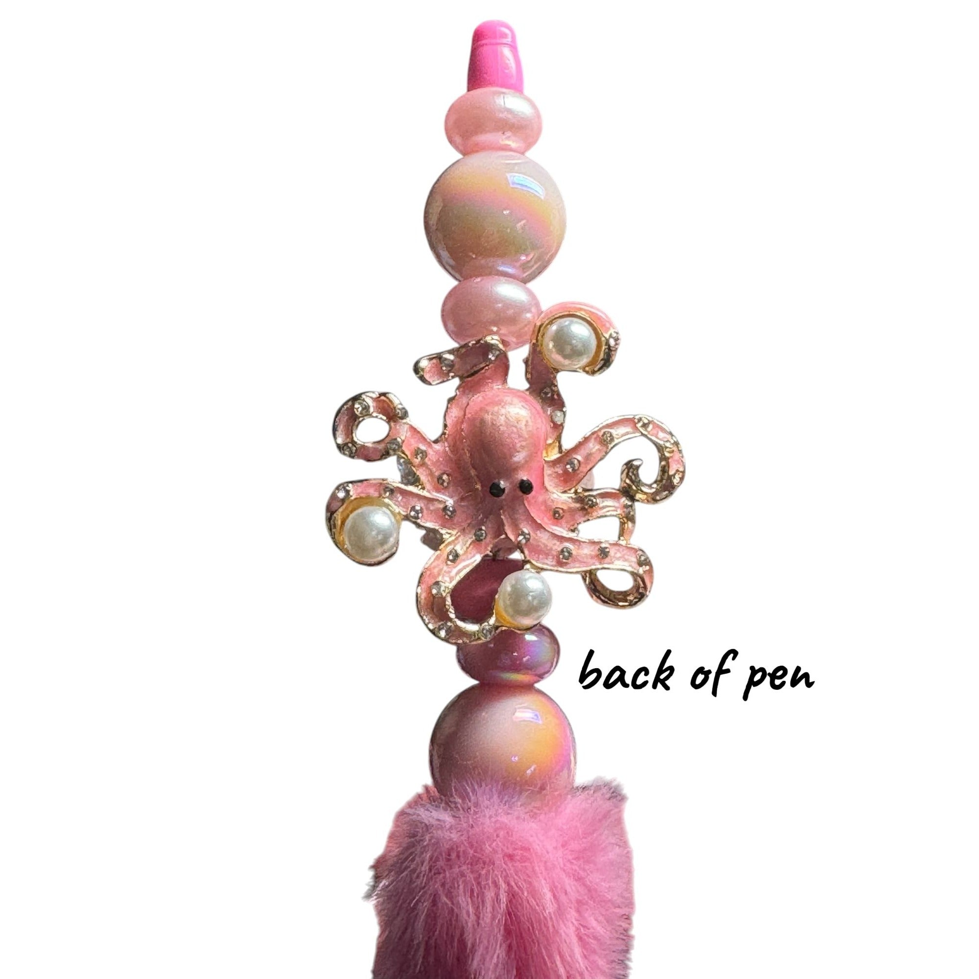 Pink Octopus Beaded Pen With Fluffy Accent & Pearl Details For Kids Or Crafts