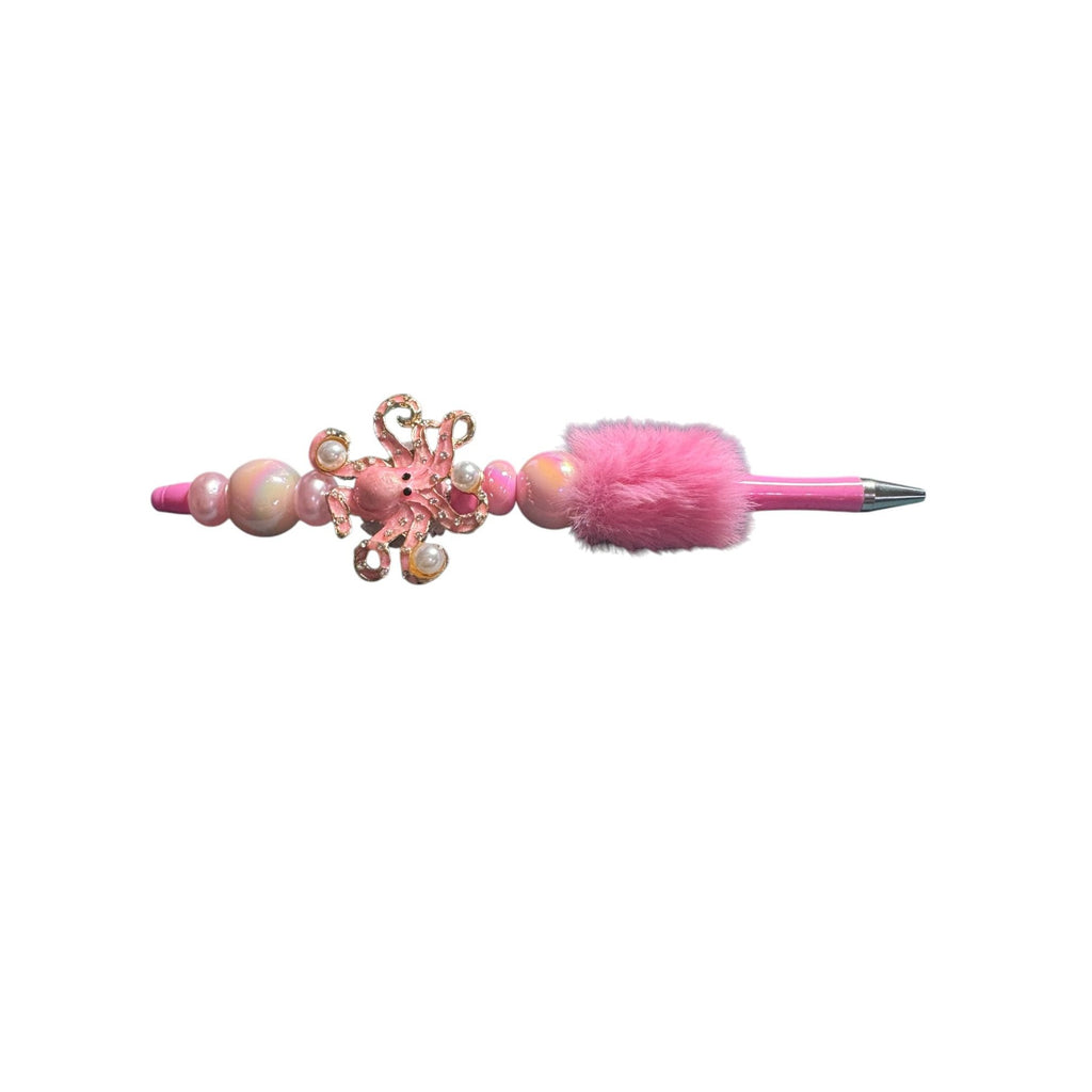 Pink Octopus Beaded Pen With Fluffy Accent & Pearl Details For Kids Or Crafts