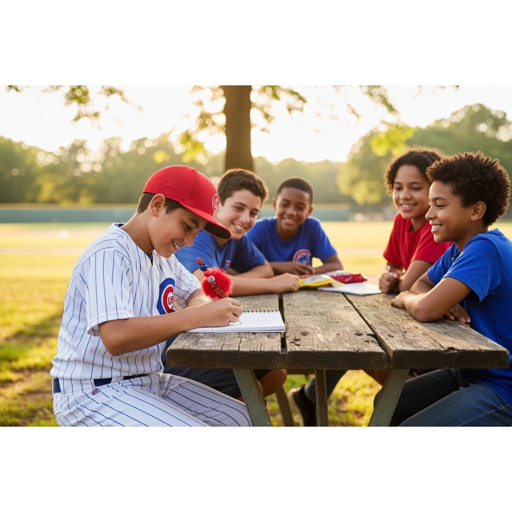 Chicago Cubs-Themed Glitter Pen With Pom-Pom And Beaded Design
