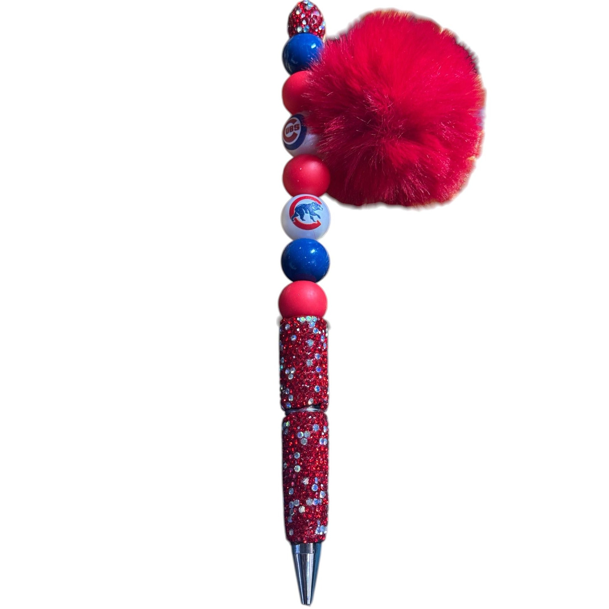 Chicago Cubs-Themed Glitter Pen With Pom-Pom And Beaded Design