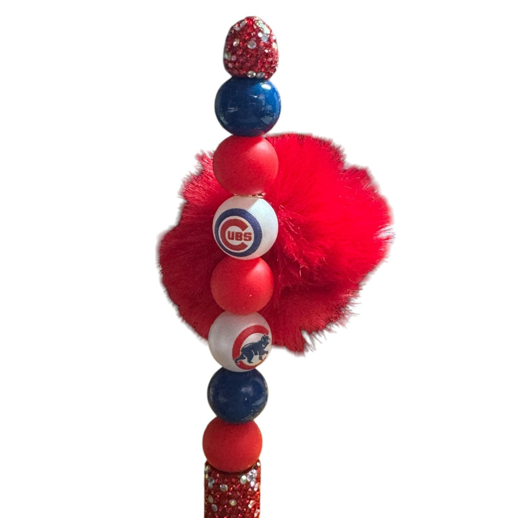 Chicago Cubs-Themed Glitter Pen With Pom-Pom And Beaded Design