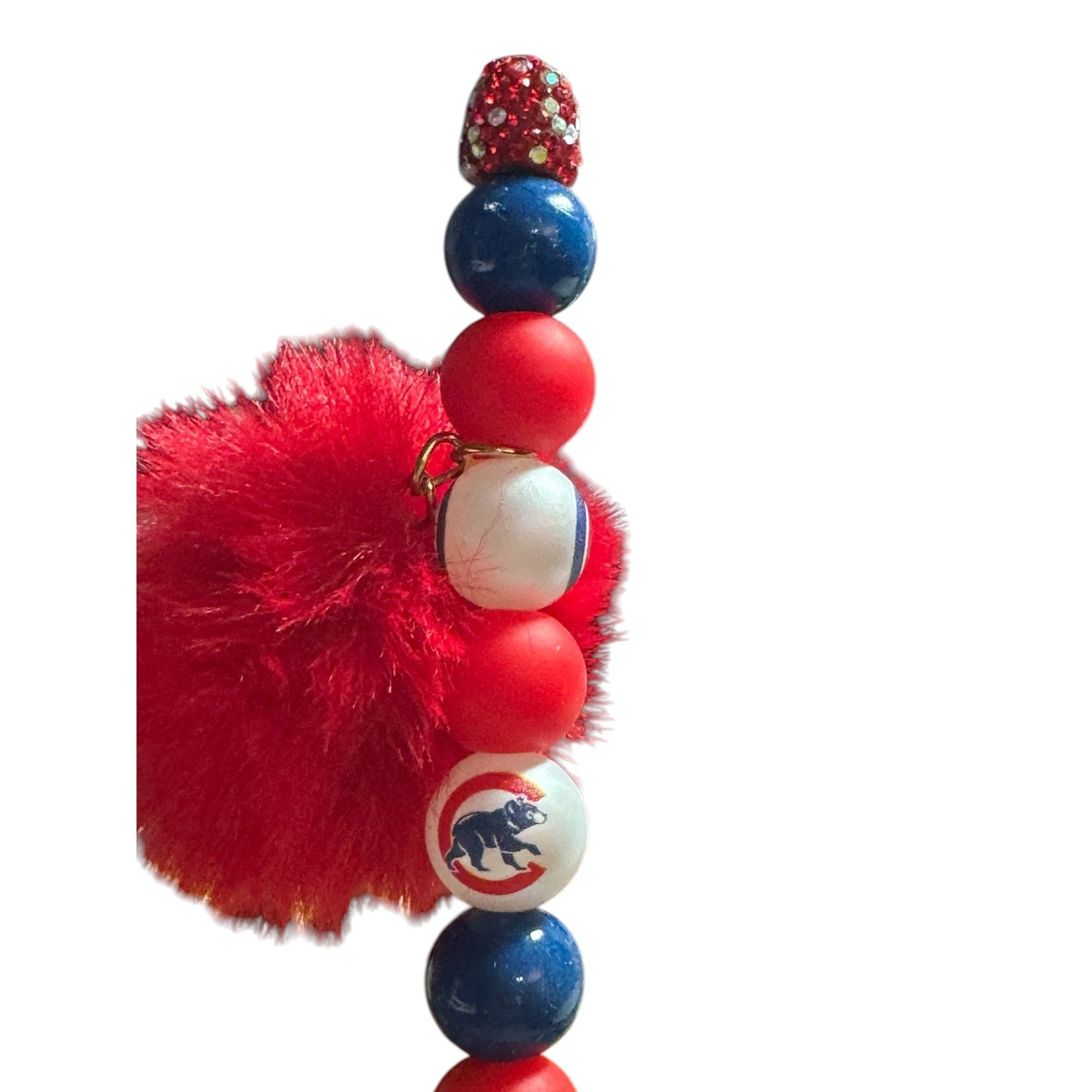 Chicago Cubs-Themed Glitter Pen With Pom-Pom And Beaded Design