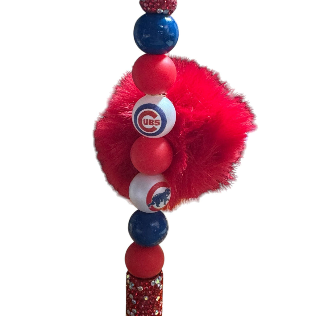 Chicago Cubs-Themed Glitter Pen With Pom-Pom And Beaded Design