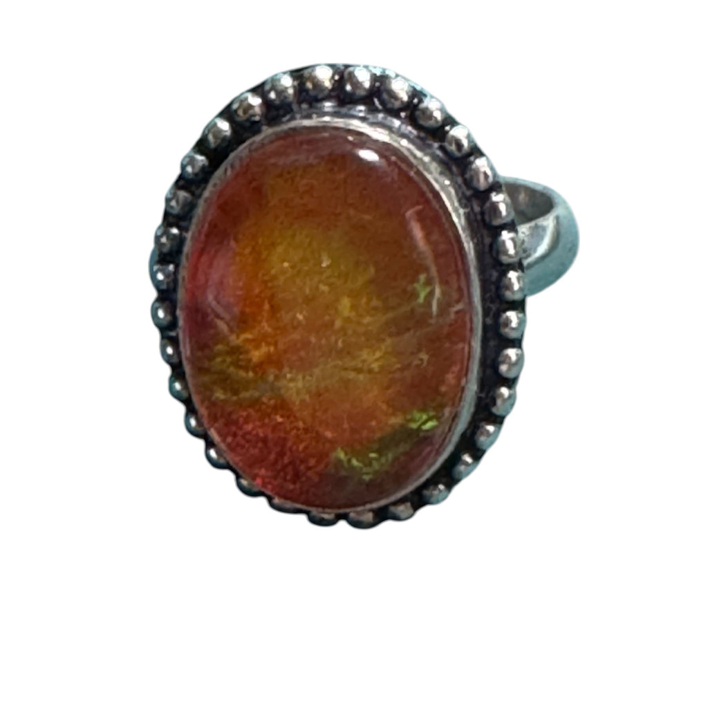 Sterling Silver 925 Fiery Orange Opal Statement Ring, Oval Cabochon, Beaded Boho Setting, Size 8