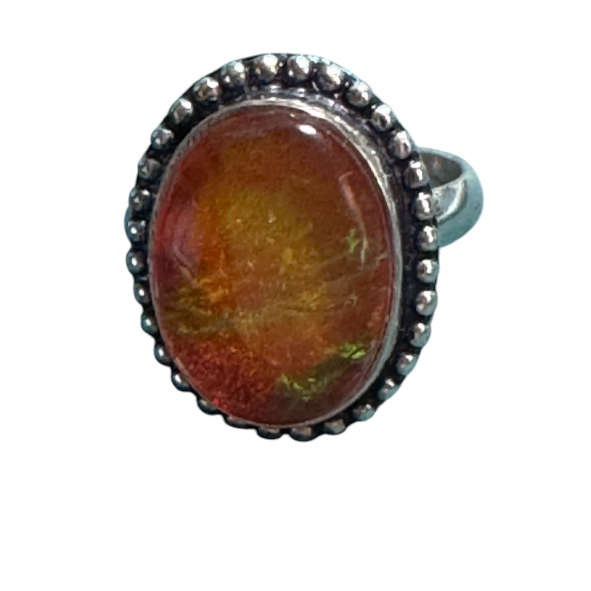 Sterling Silver 925 Fiery Orange Opal Statement Ring, Oval Cabochon, Beaded Boho Setting, Size 8