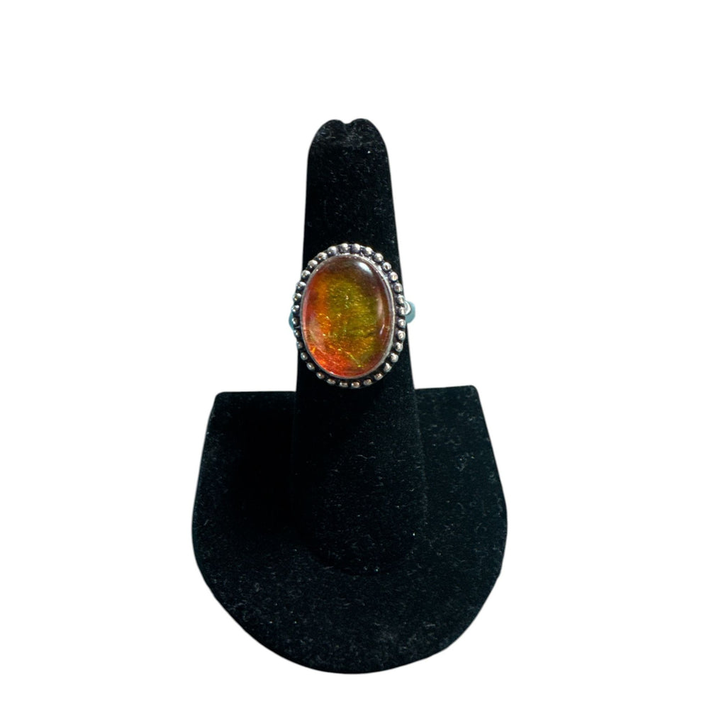 Sterling Silver 925 Fiery Orange Opal Statement Ring, Oval Cabochon, Beaded Boho Setting, Size 8