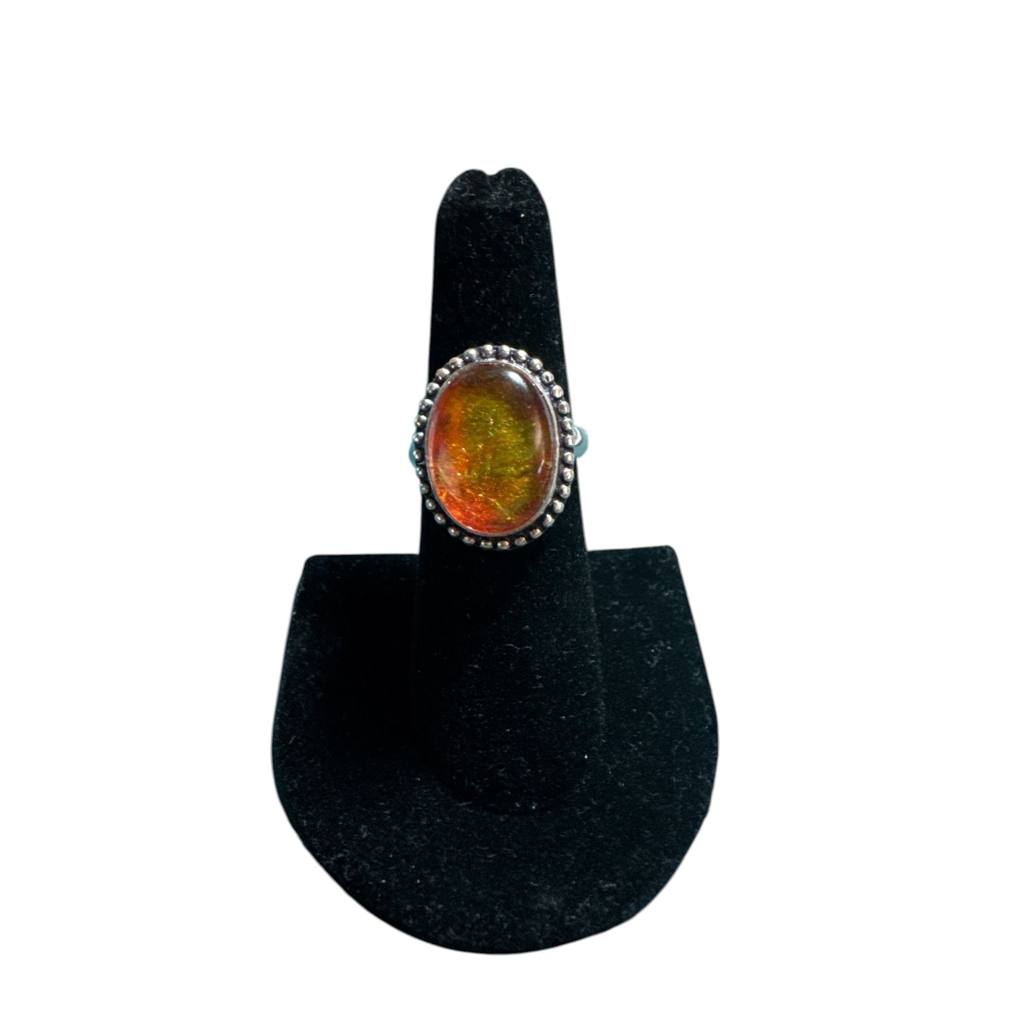 Sterling Silver 925 Fiery Orange Opal Statement Ring, Oval Cabochon, Beaded Boho Setting, Size 8